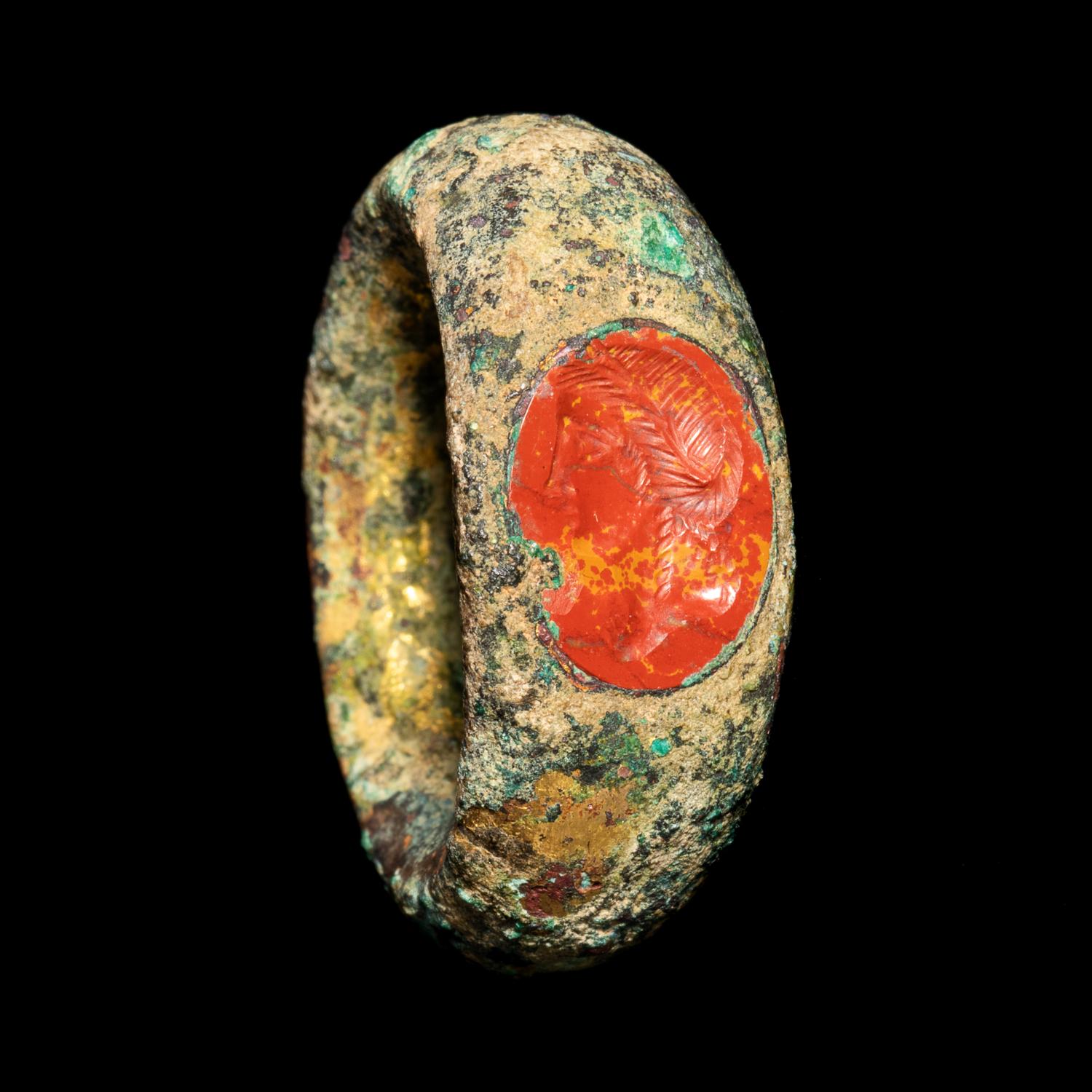 A Roman Gilt-Bronze Finger Ring with a Red Jasper Intaglio of Agrippina