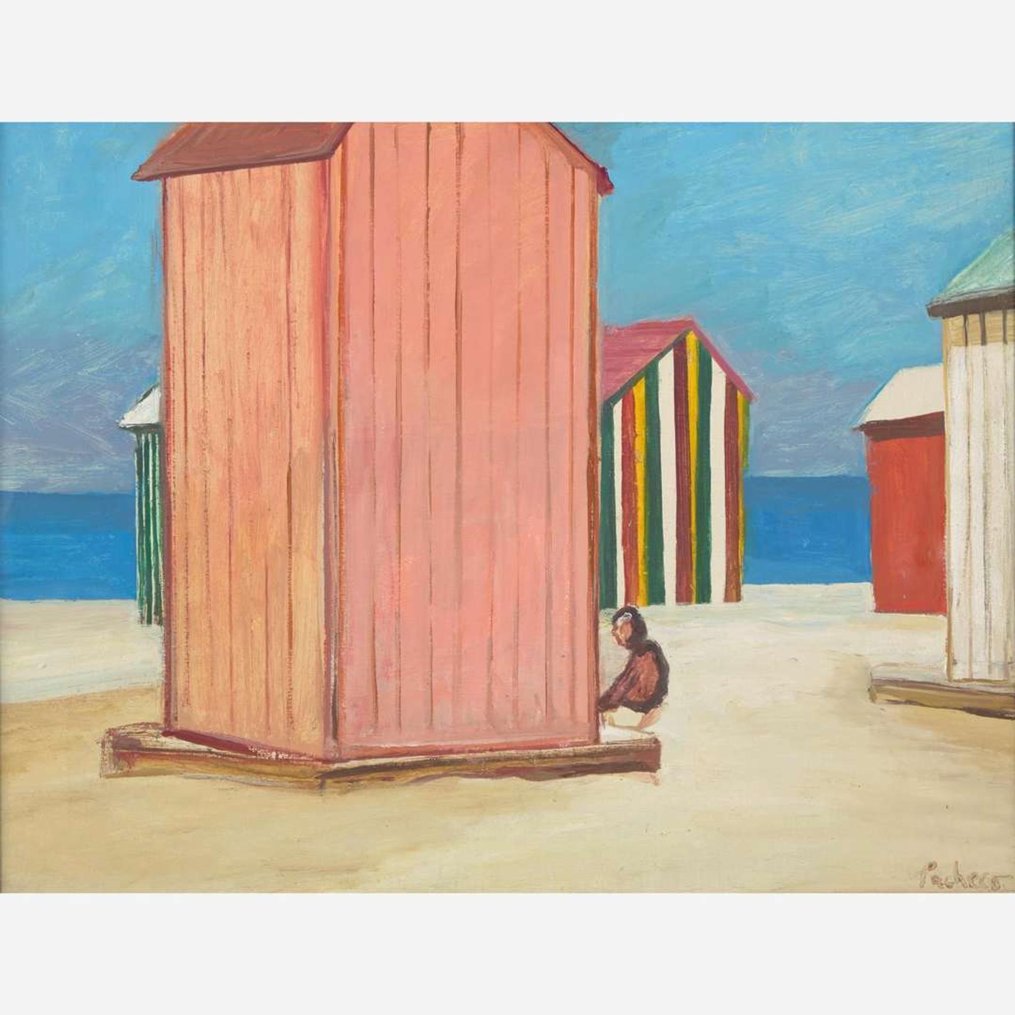 Joaquin Pacheco (Spanish, b.1934) Cabanas on the Beach