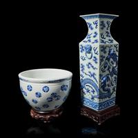 Two Chinese Blue and White Porcelain Wares, 19th-20th Century 晚清-民國 青花雲龍紋方瓶及繡球花卷缸各一