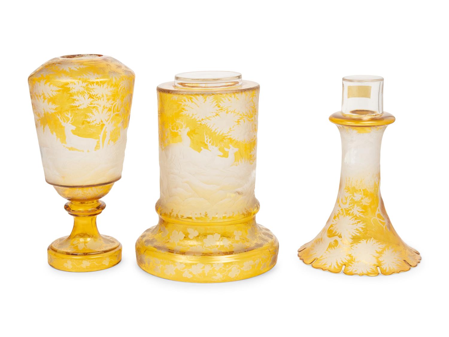 A Large Czech Amber Cut-to-Clear Glass Vase and Stand