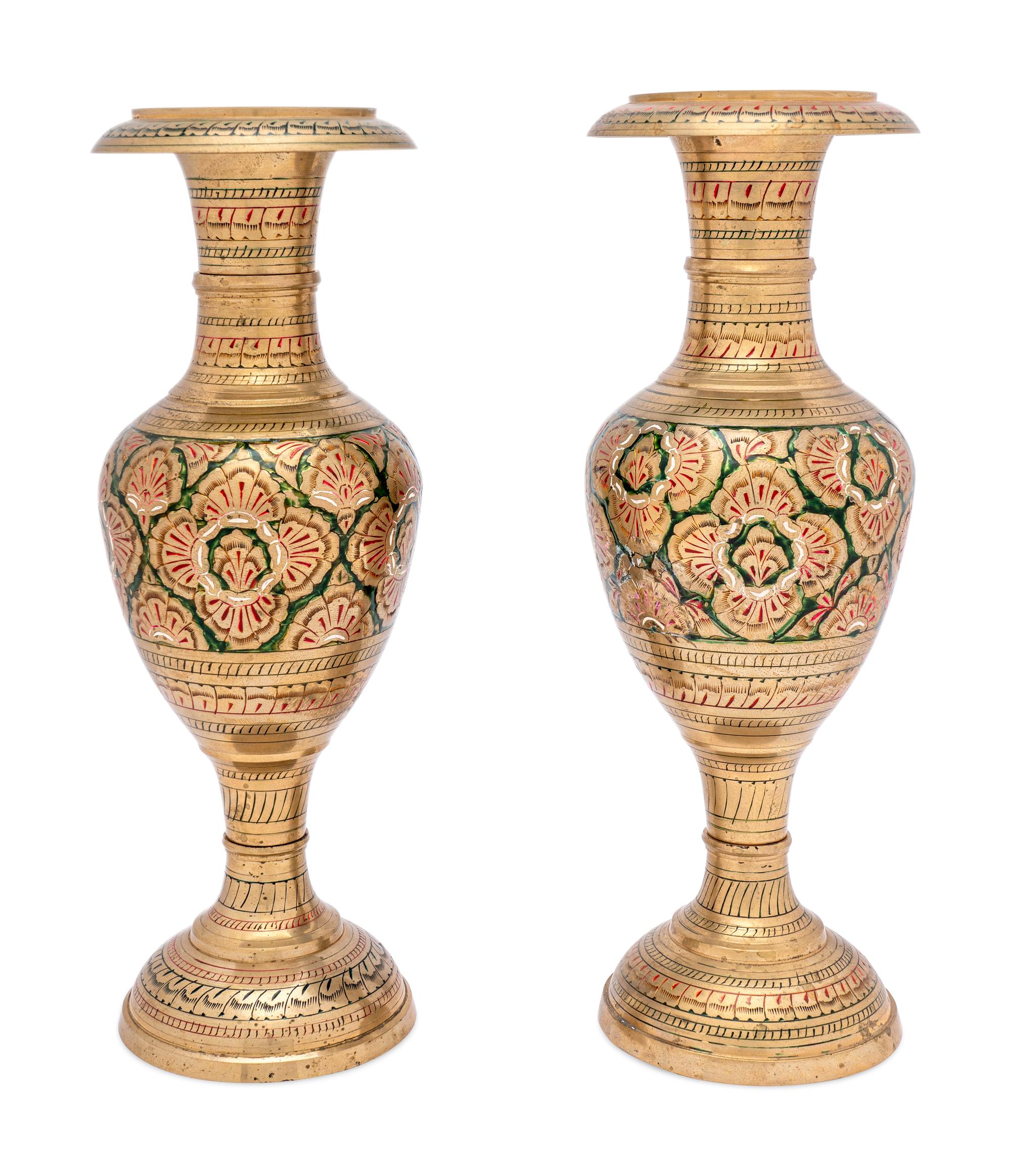 A Pair of Middle Eastern Enameled Brass Vases