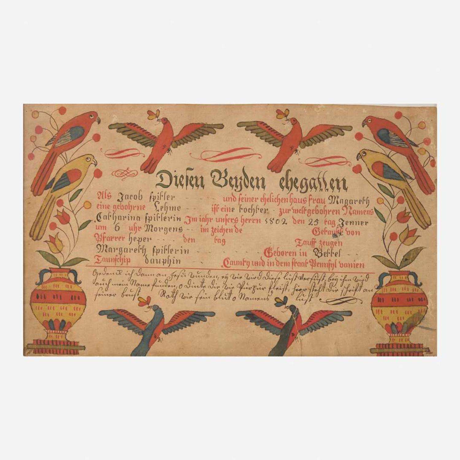 Johann Valentin Schuller (1759-1833) A Fraktur birth and baptism record for Catharin Spitler, Dauphin County, PA