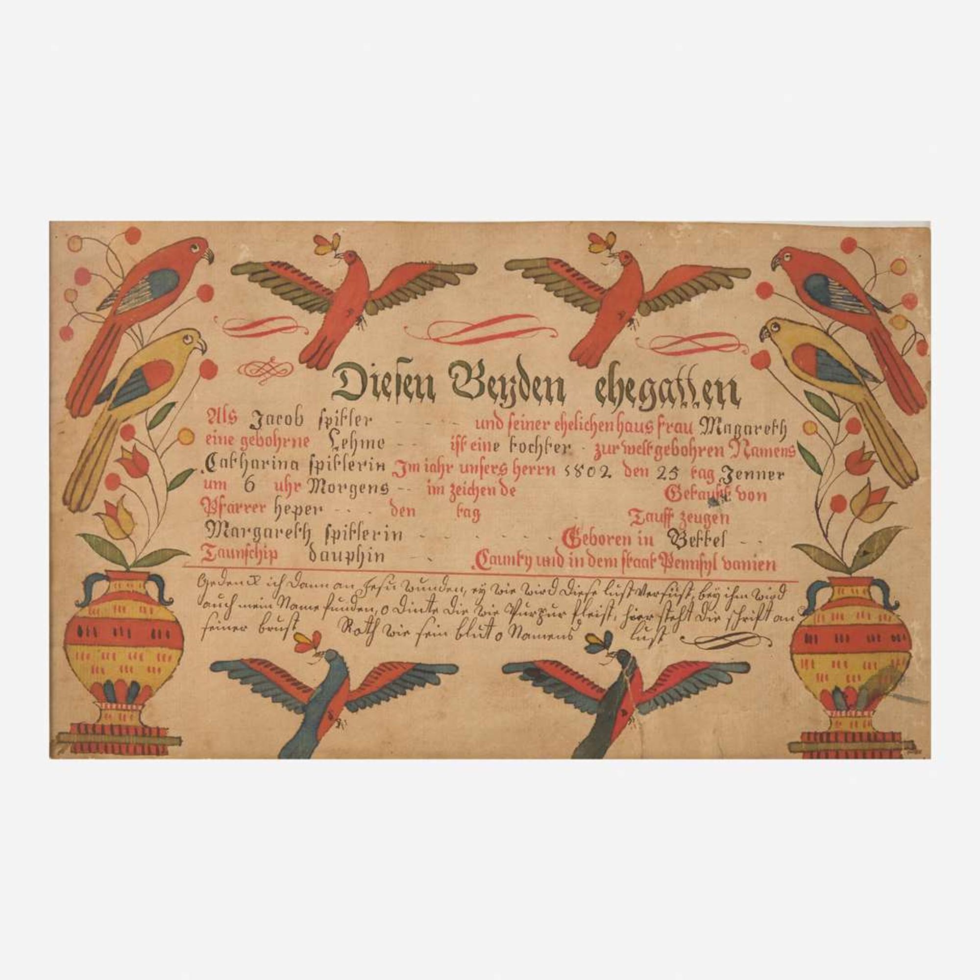 Johann Valentin Schuller (1759-1833) A Fraktur birth and baptism record for Catharin Spitler, Dauphin County, PA