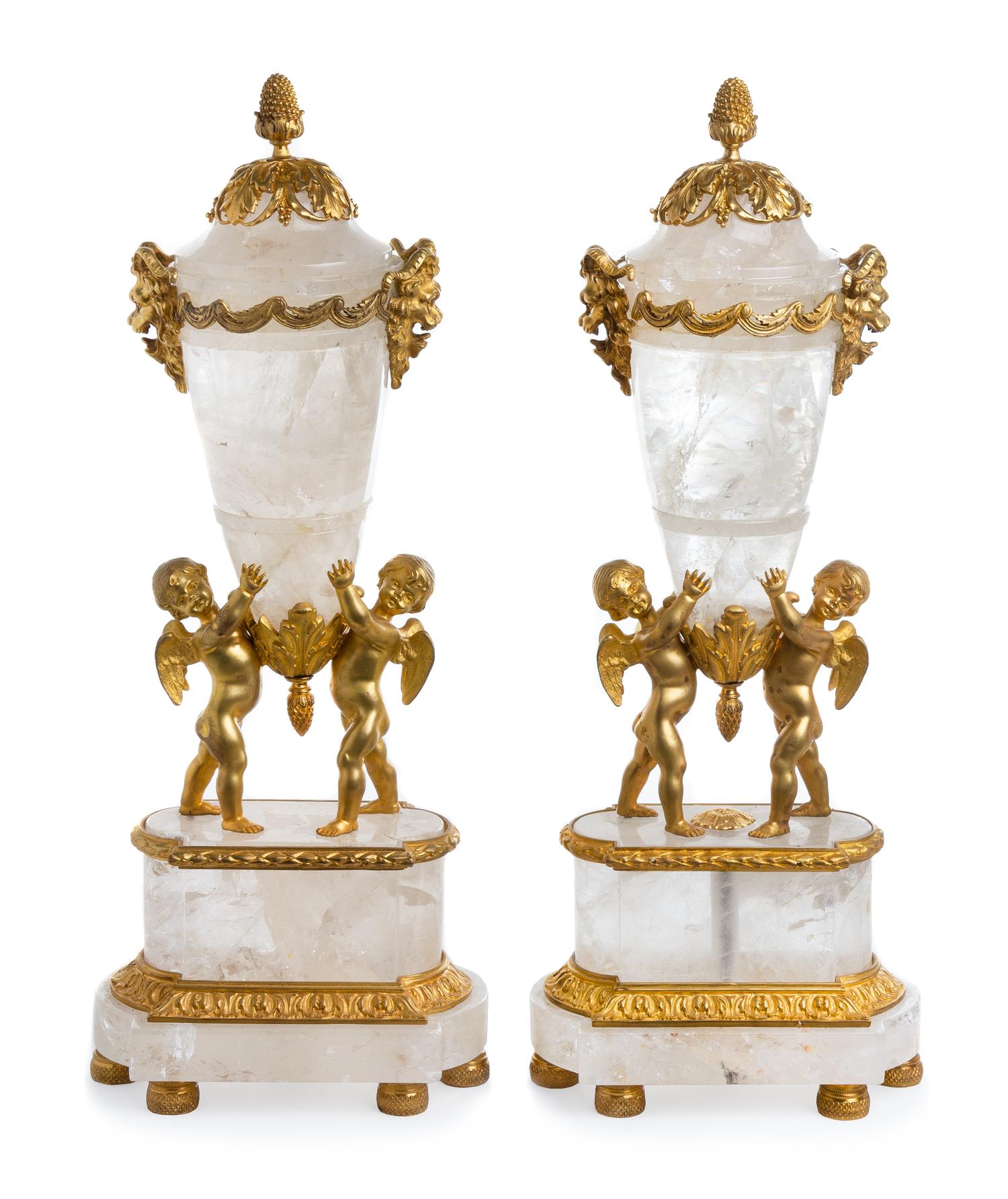A Pair of Neoclassical Style Gilt Bronze Mounted Rock Crystal Urns Height 19 inches. — 20TH CENTURY