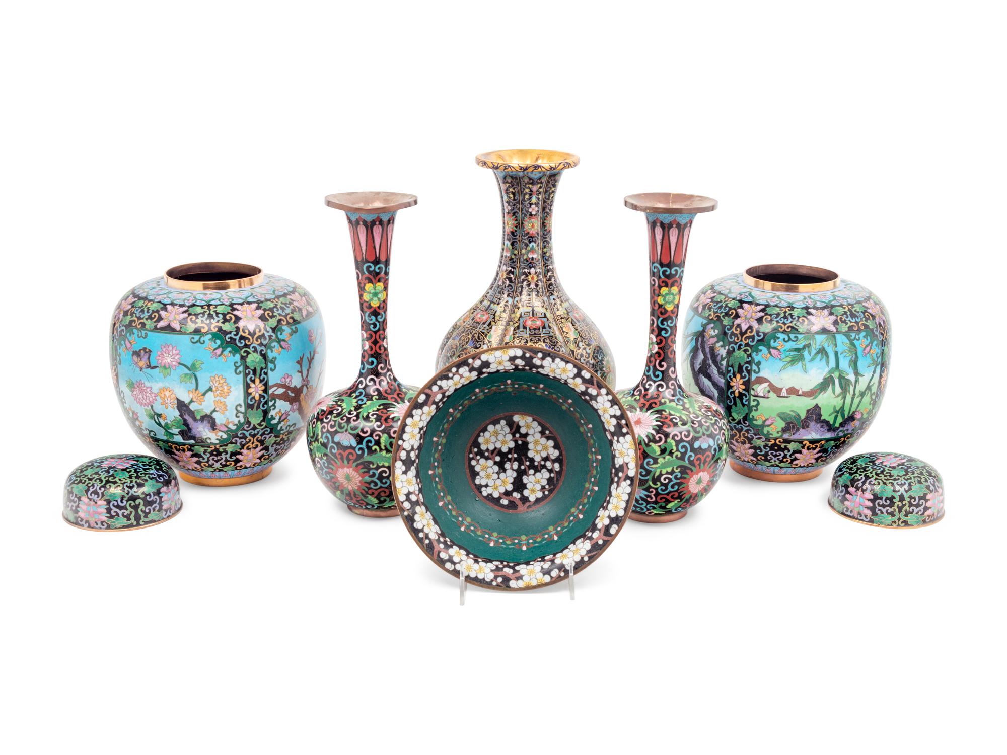 Six Chinese Black Ground Cloisonné Enamel Vessels