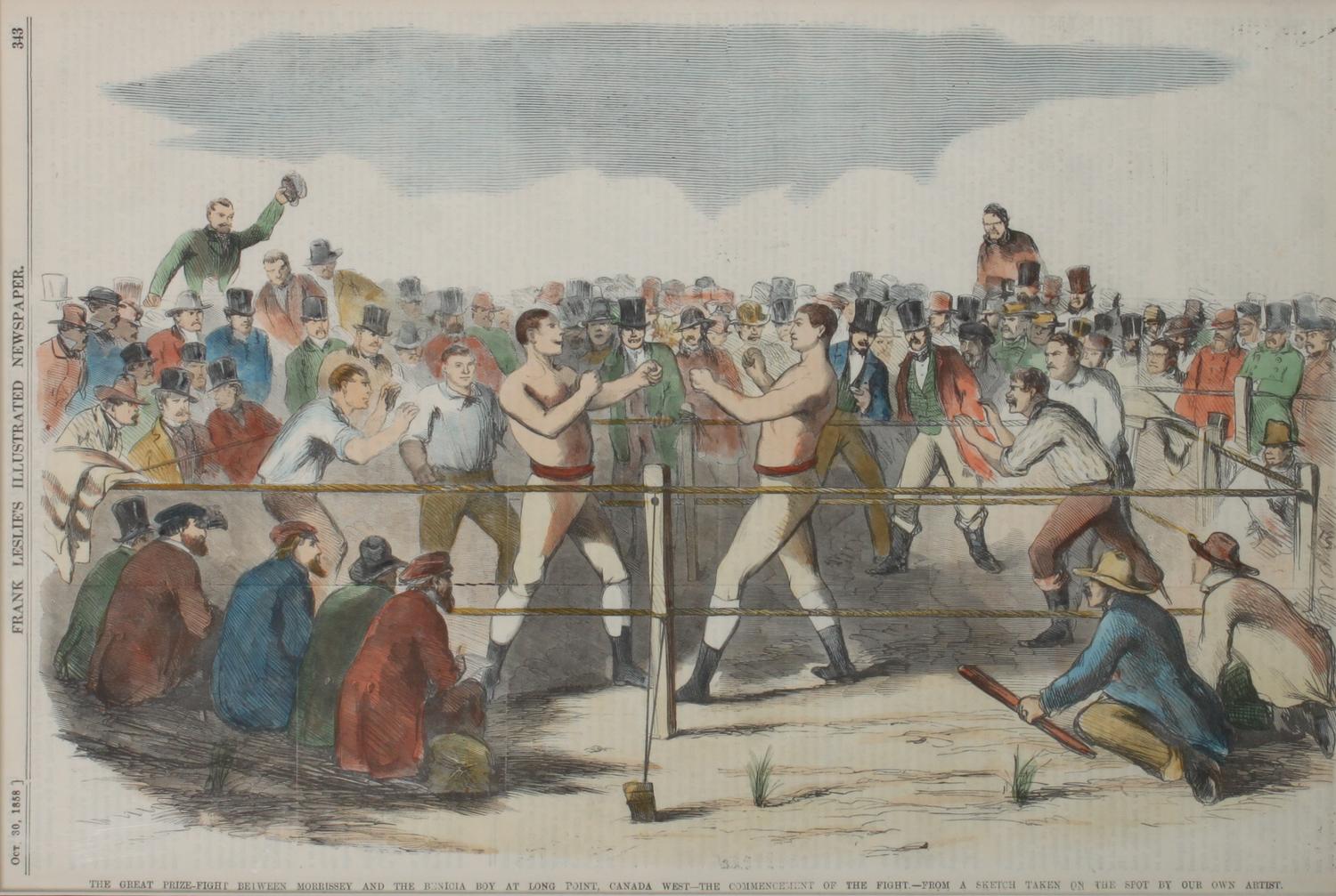 Three Hand Colored Engravings of Boxing Scenes Height 15 x width 10 inches — LATE 19TH CENTURY