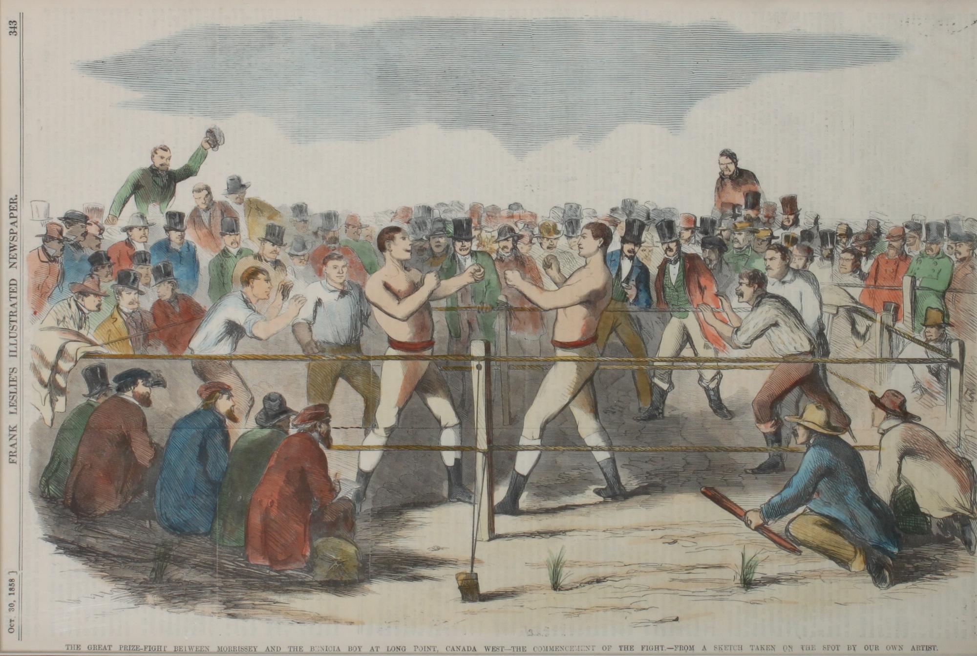 Three Hand Colored Engravings of Boxing Scenes Height 15 x width 10 inches — LATE 19TH CENTURY
