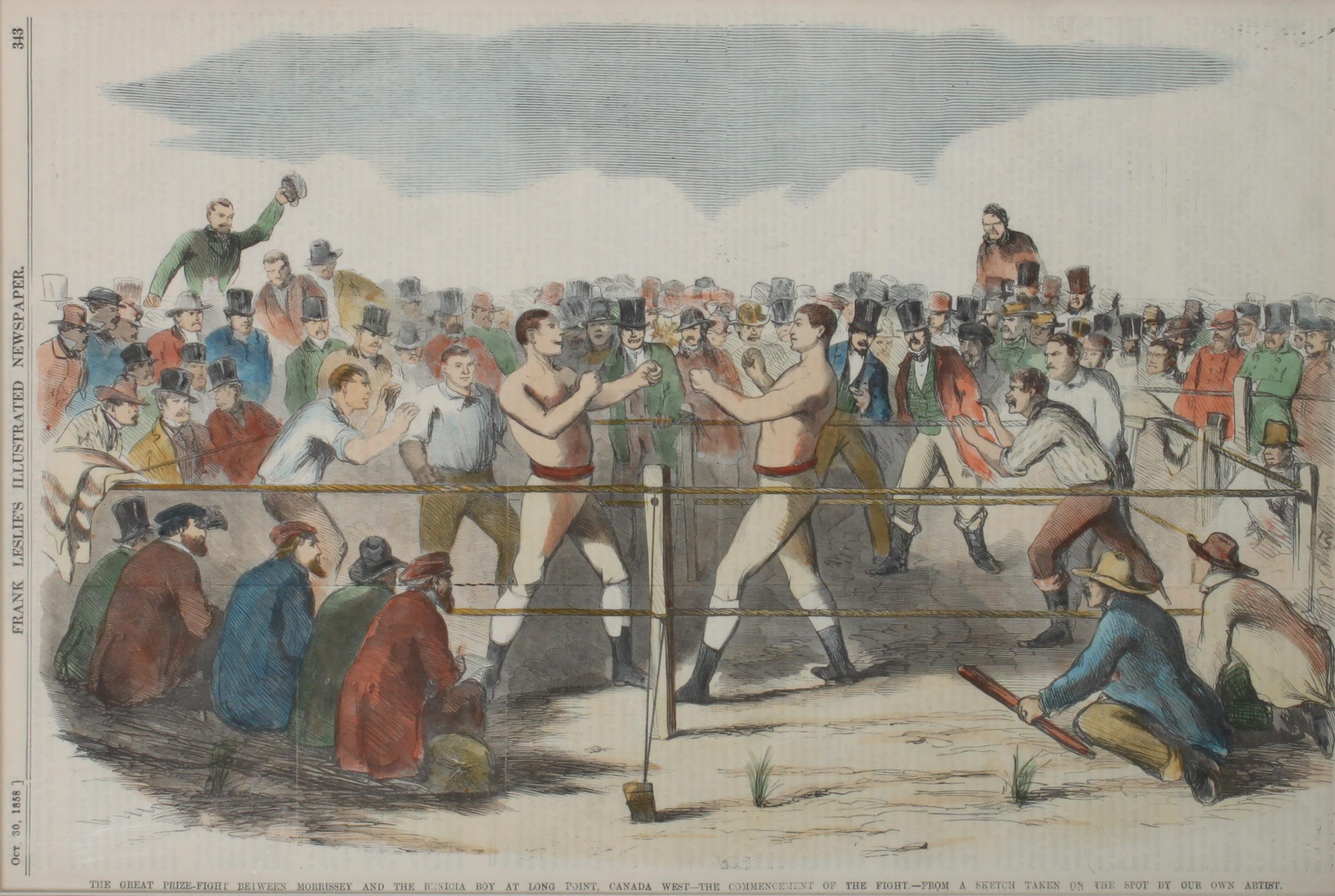 Three Hand Colored Engravings of Boxing Scenes Height 15 x width 10 inches — LATE 19TH CENTURY