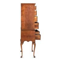 A Queen Anne Stained and Fan-Carved Cherrywood and Tiger Maple Flat-Top High Chest