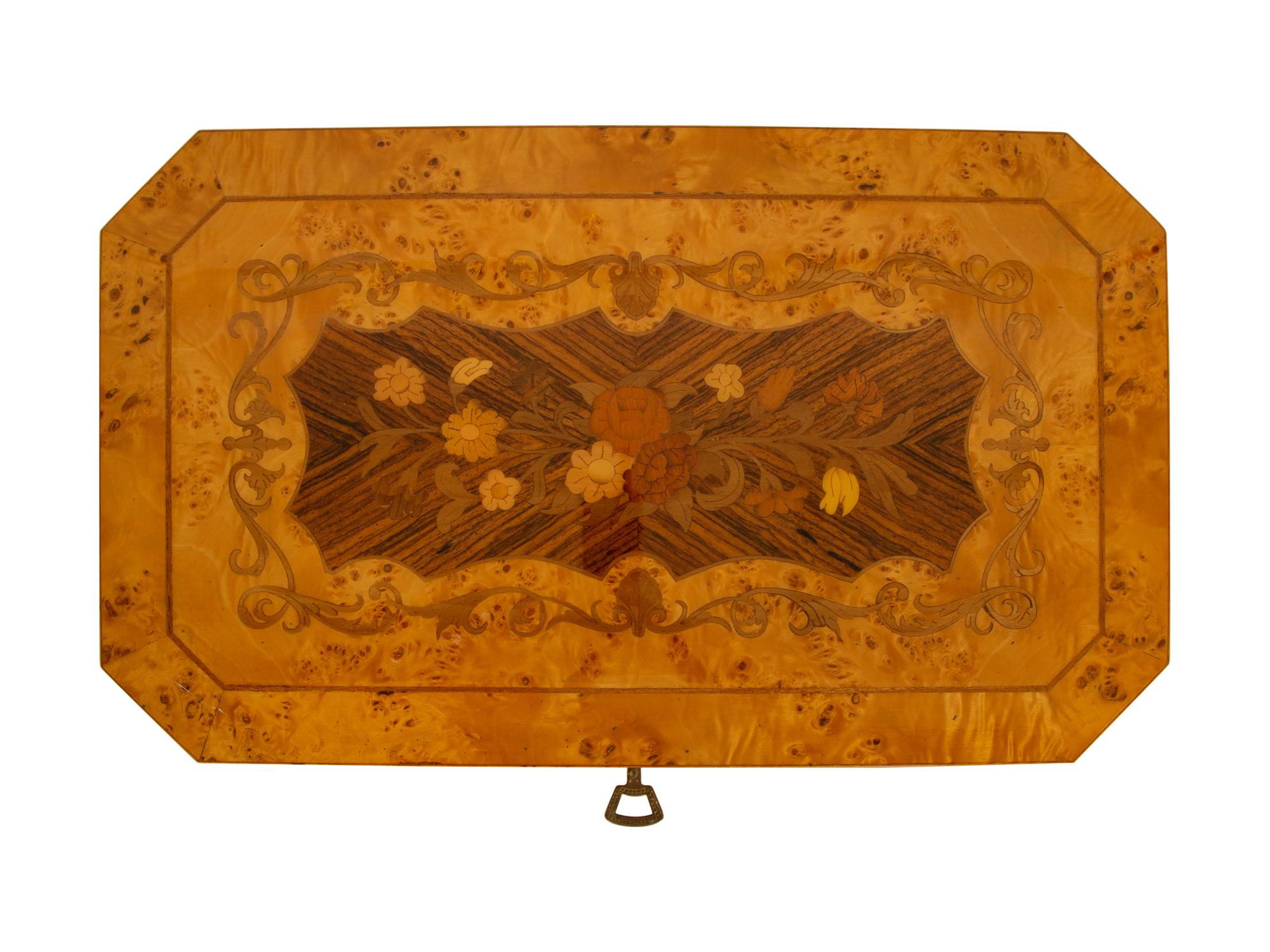 An Italian Burlwood and Marquetry Musical Jewelry Box