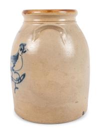 A Three-Gallon New York Stoneware Crock with Cobalt Freehand Bird