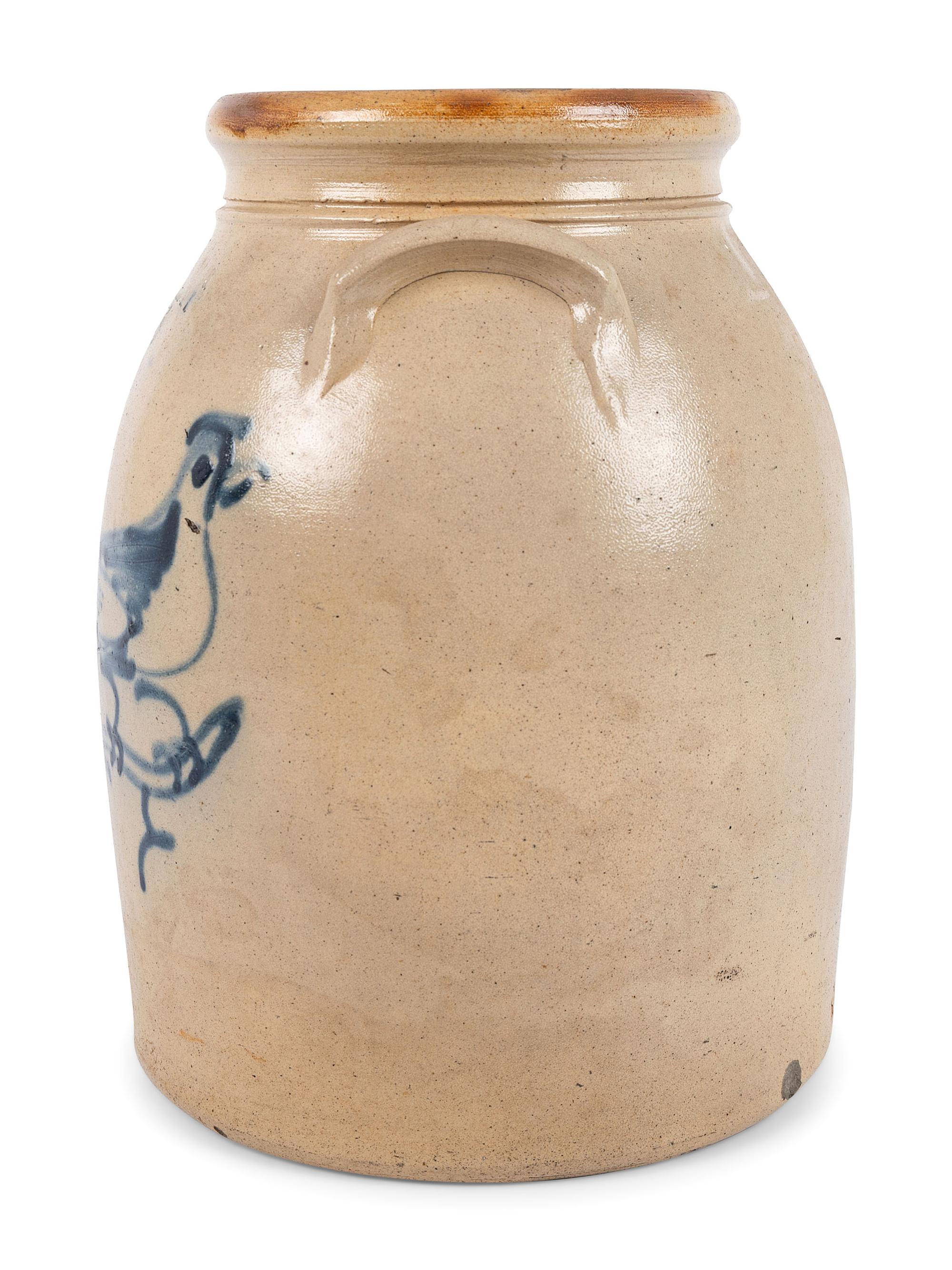 A Three-Gallon New York Stoneware Crock with Cobalt Freehand Bird