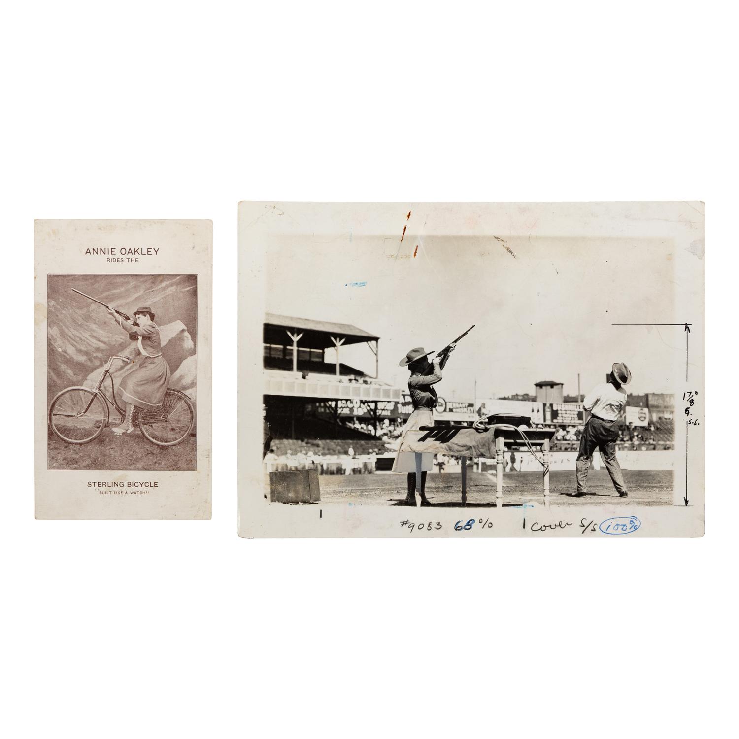 [Wild West Shows]. Trade card and photograph featuring Annie Oakley and Frank Butler.