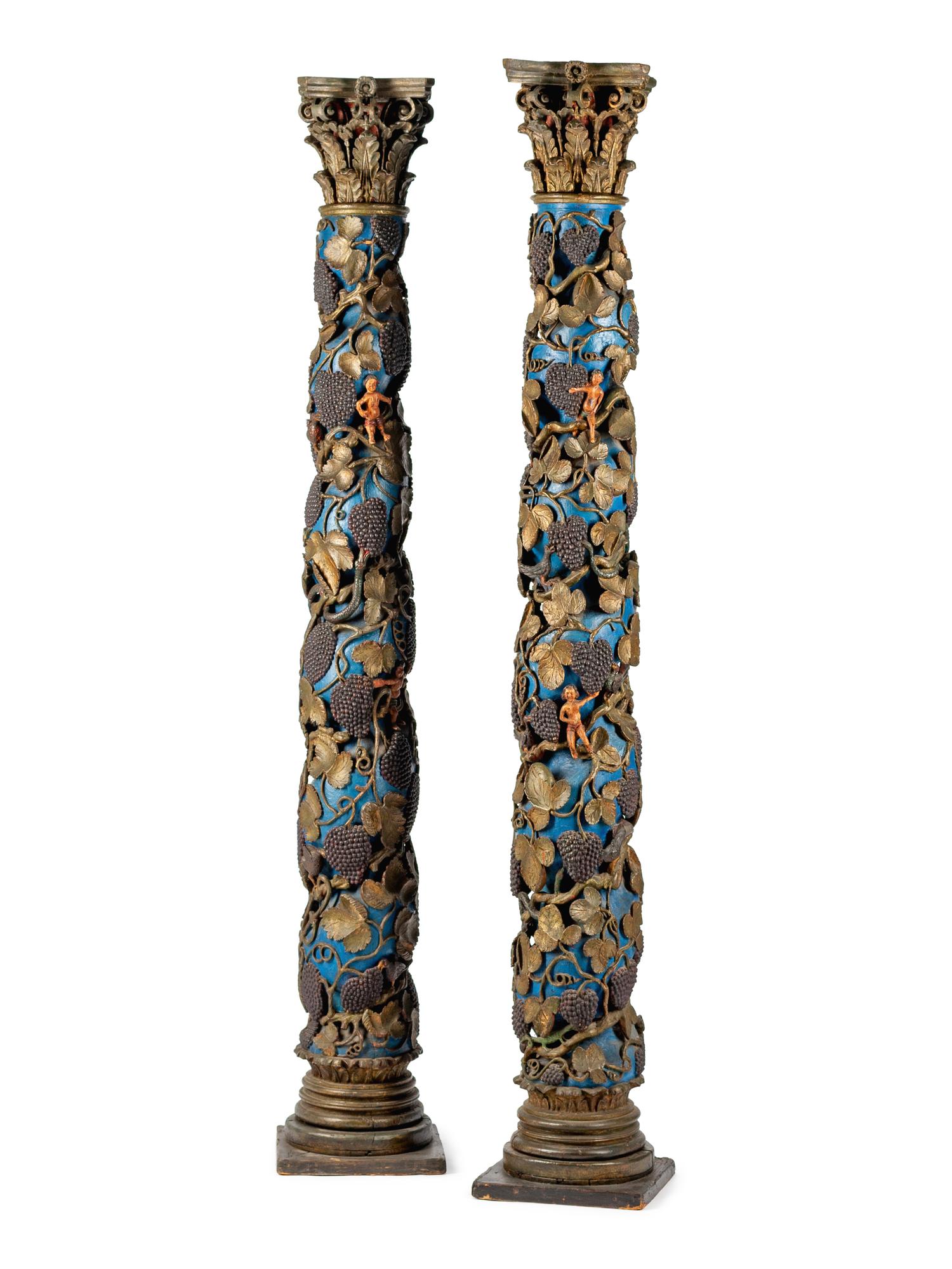 A Pair of Carved and Painted Solomonic Columns