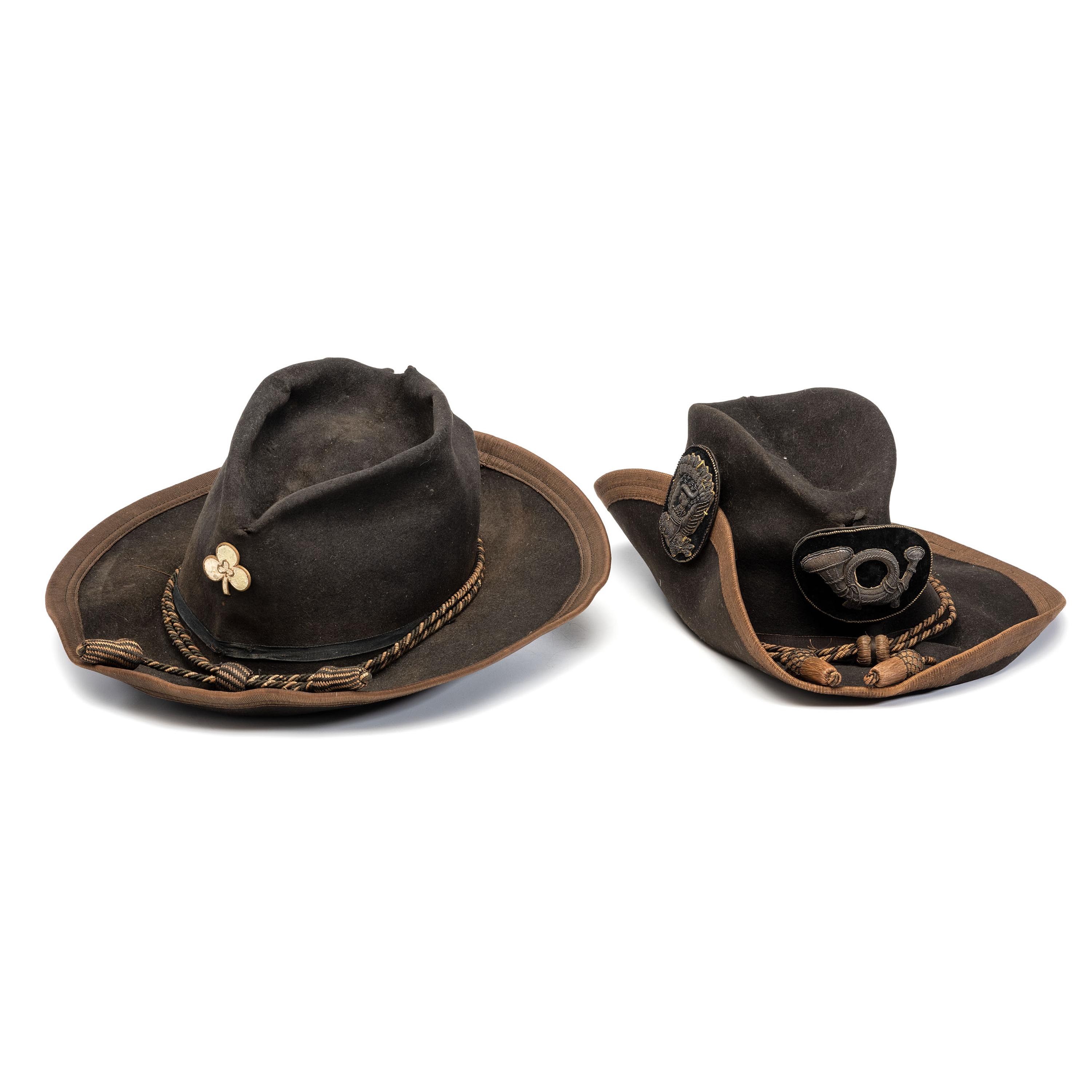 Two Army slouch hats identified to Captain Charles E. Nash, Company F, 19th Maine Infantry.