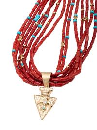 Multi-strand Coral Necklace, with 14K Gold Arrowhead Pendant