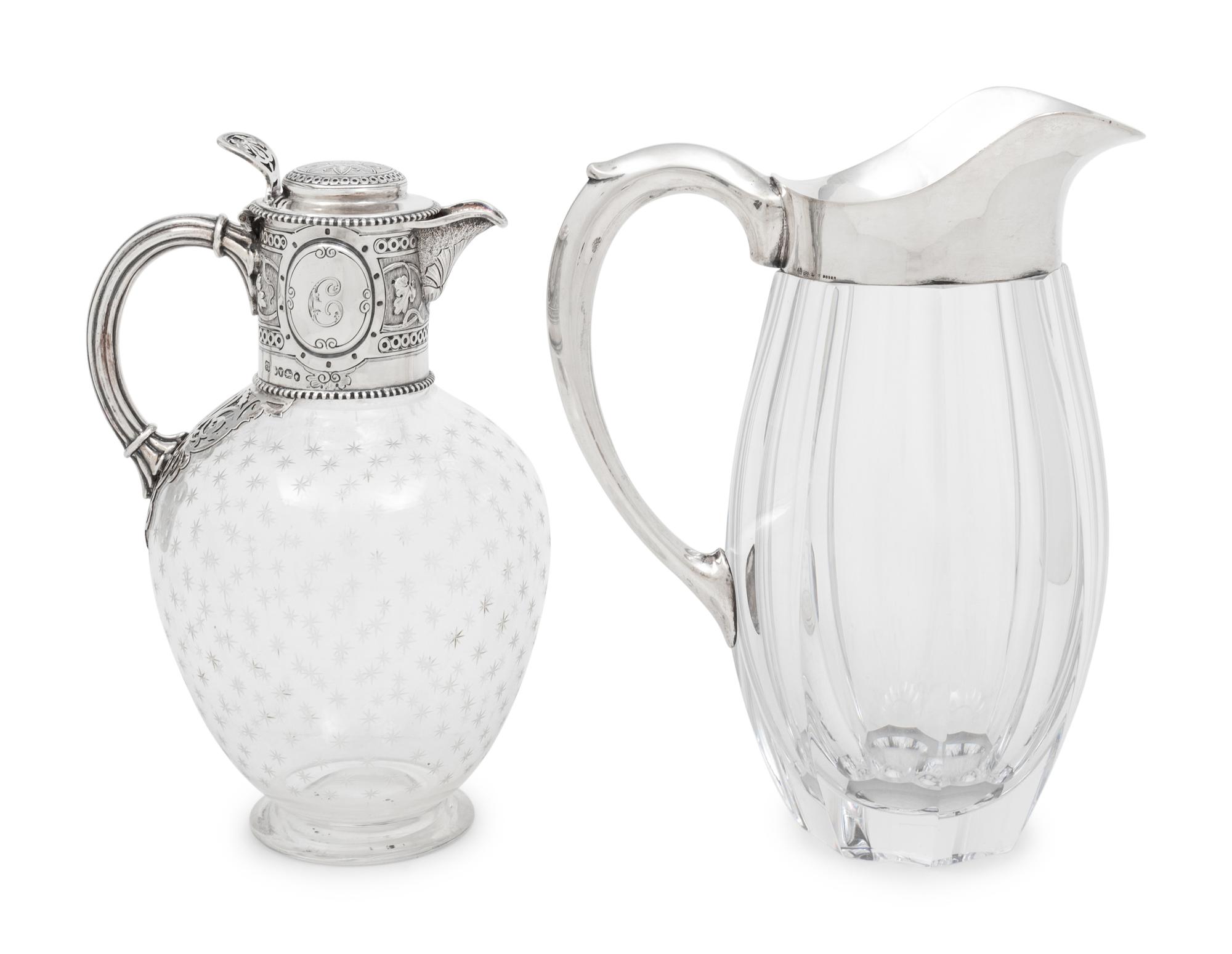 Two Silver-Mounted Glass Pitchers