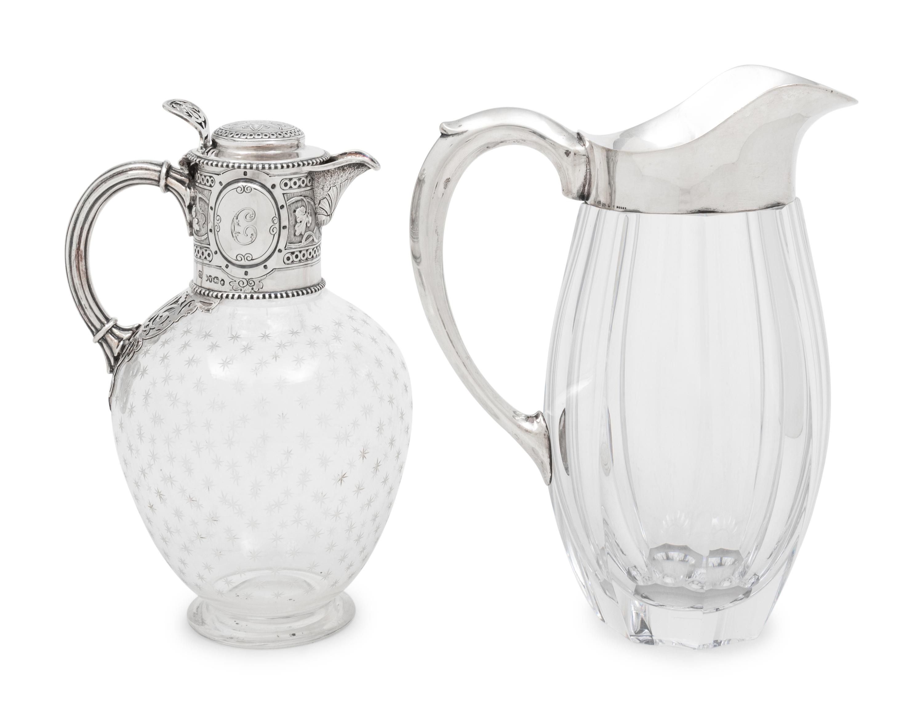 Two Silver-Mounted Glass Pitchers