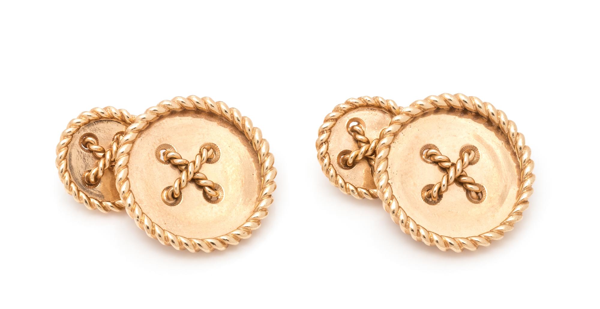 A Pair of 14 Karat Yellow Gold Button Motif Cufflinks,