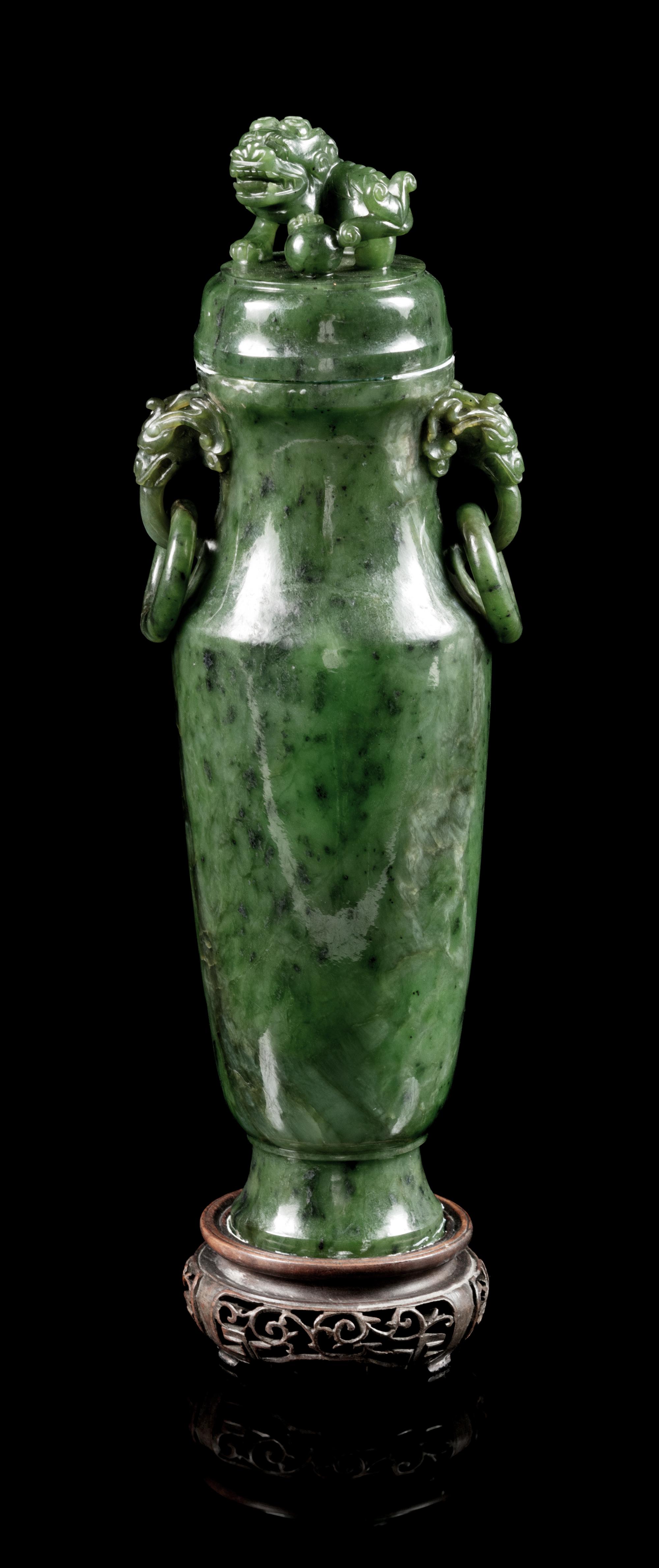 A Spinach Jade Covered Vase Height 10 1/2 inches. — 20TH CENTURY