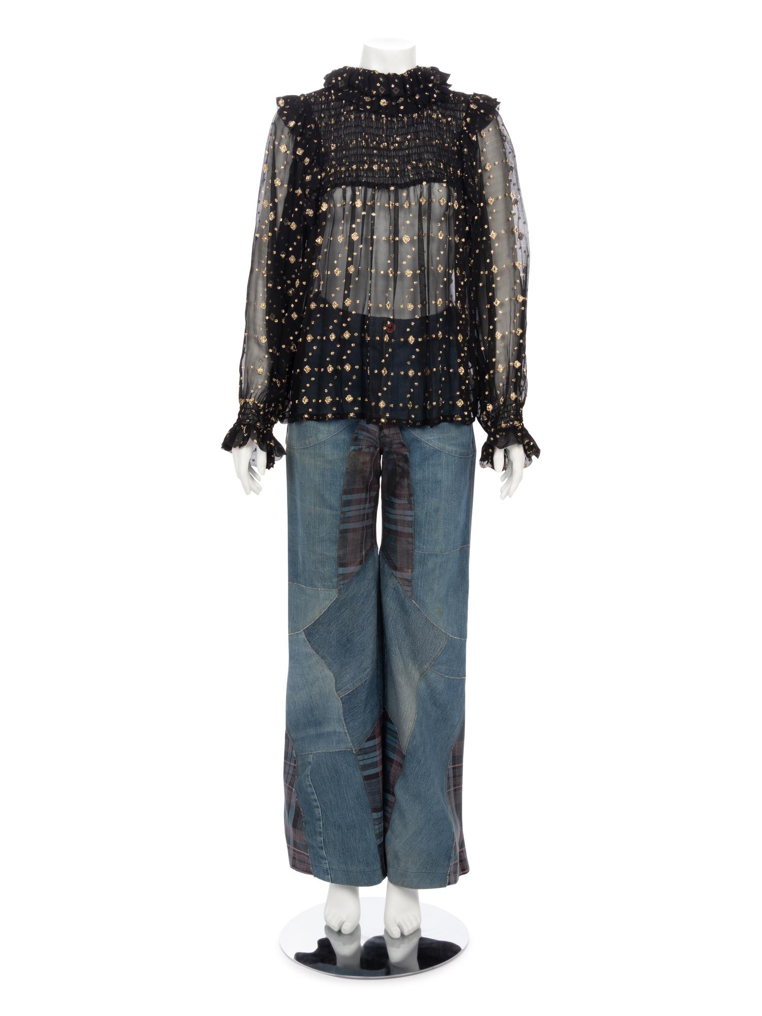 One Saint Laurent Rive Gauche Black Crepe Top and One Pair of Unlabeled Bell Bottom Denim Jeans, 1970s