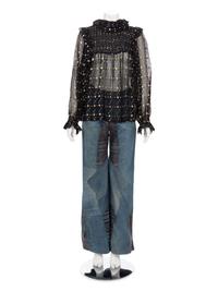 One Saint Laurent Rive Gauche Black Crepe Top and One Pair of Unlabeled Bell Bottom Denim Jeans, 1970s