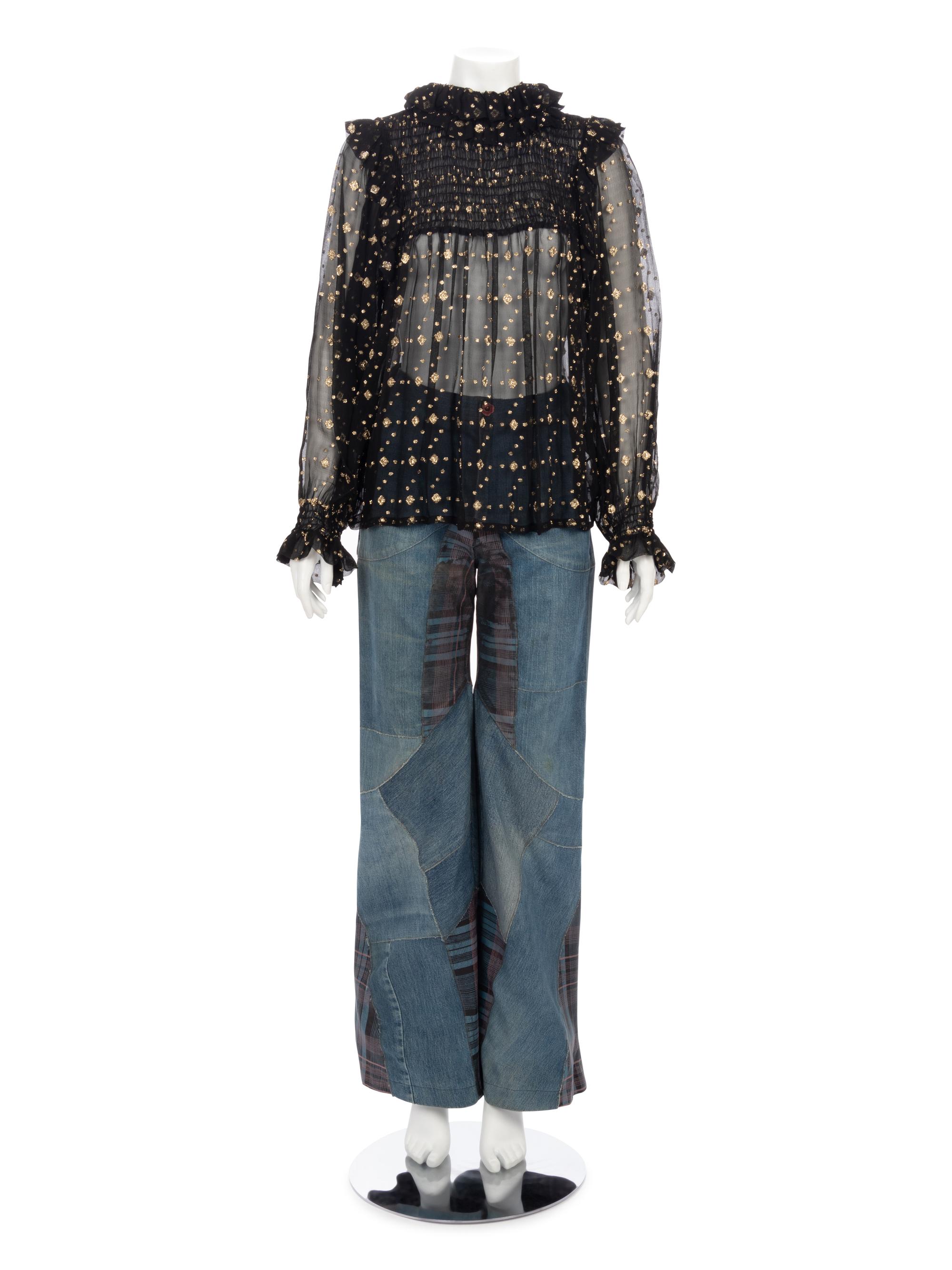 One Saint Laurent Rive Gauche Black Crepe Top and One Pair of Unlabeled Bell Bottom Denim Jeans, 1970s