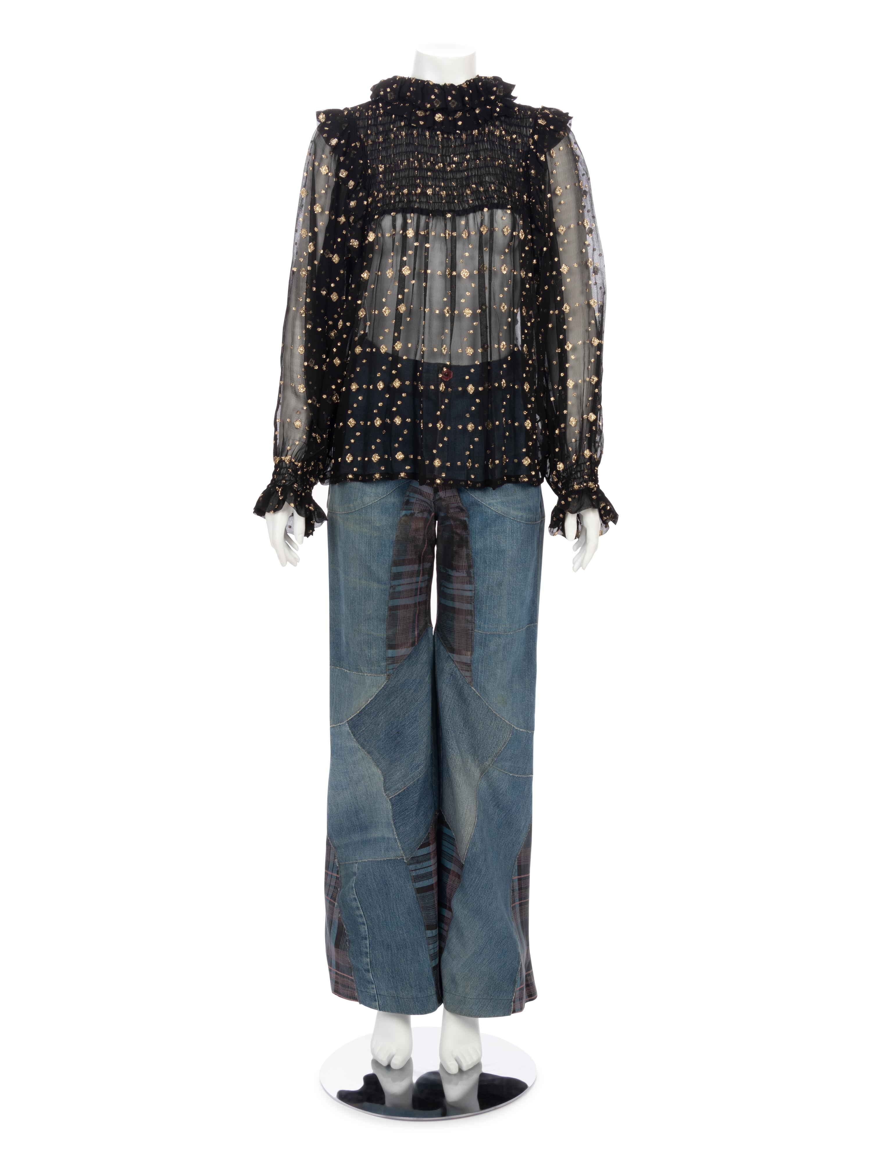 One Saint Laurent Rive Gauche Black Crepe Top and One Pair of Unlabeled Bell Bottom Denim Jeans, 1970s