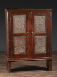 A Country Grain Painted Pine and Pressed Sheet Tin Pie Safe and Marriage Cabinet