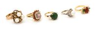 A Collection of 18 Karat Yellow Gold and Multigem, Cultured Pearl, Jade and Diamond Rings, 22.60 dwts.