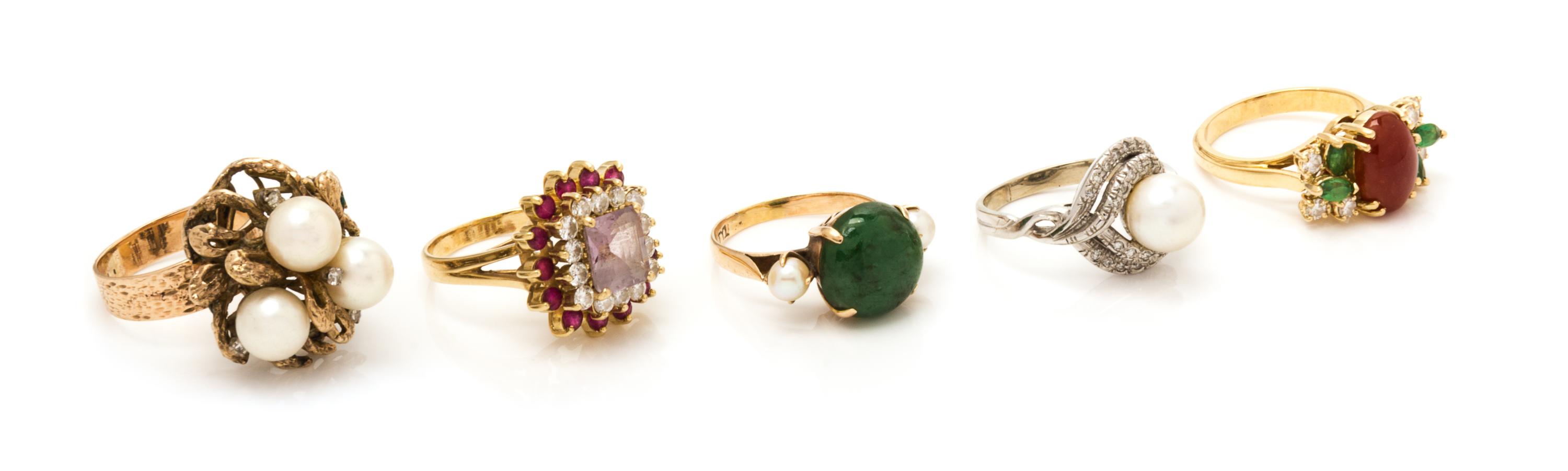 A Collection of 18 Karat Yellow Gold and Multigem, Cultured Pearl, Jade and Diamond Rings, 22.60 dwts.