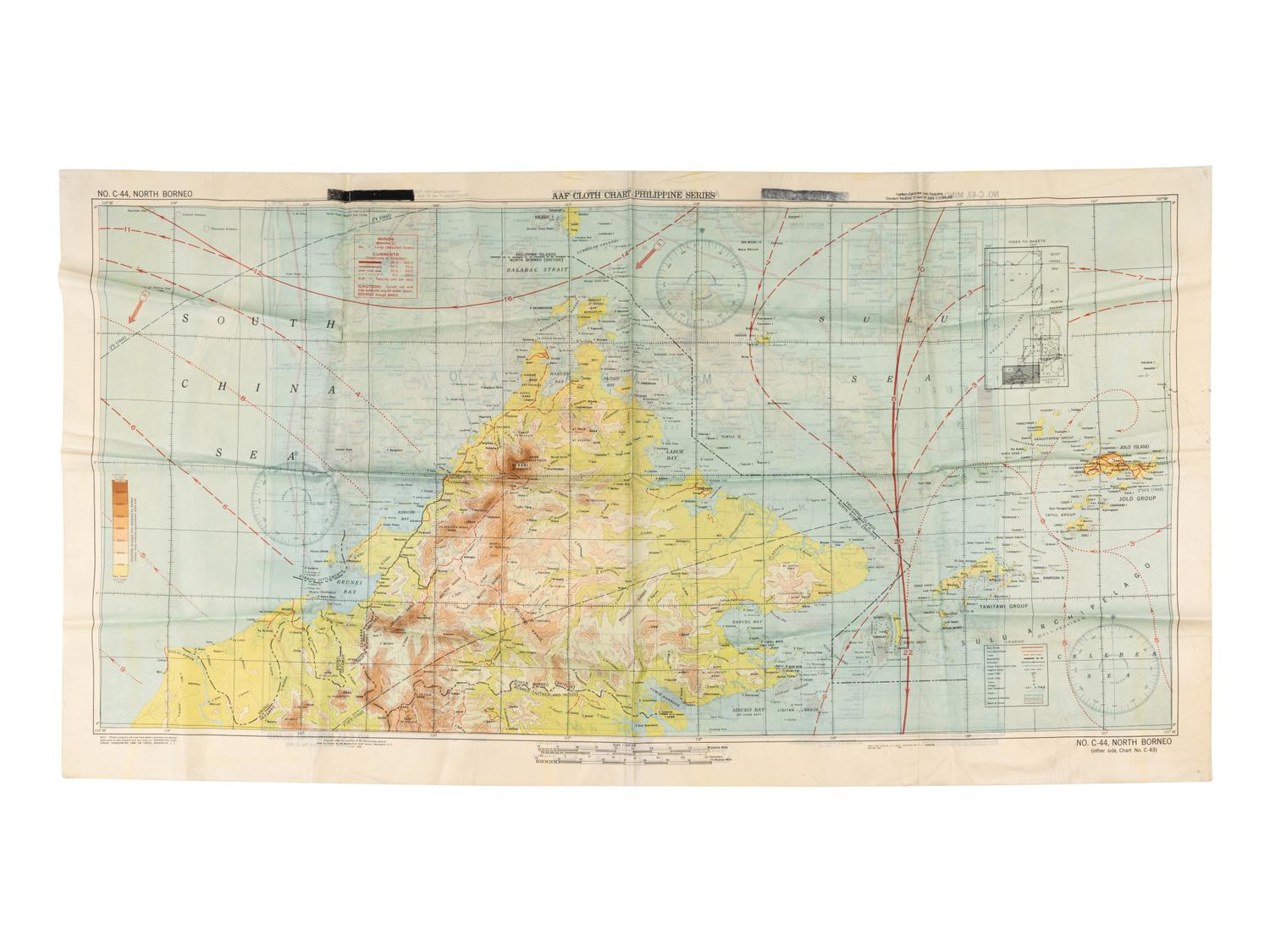 [ARMY AIR FORCE]. A group of World War II escape charts, all printed in Washington, D. C. on synthetic silk cloth, comprising: