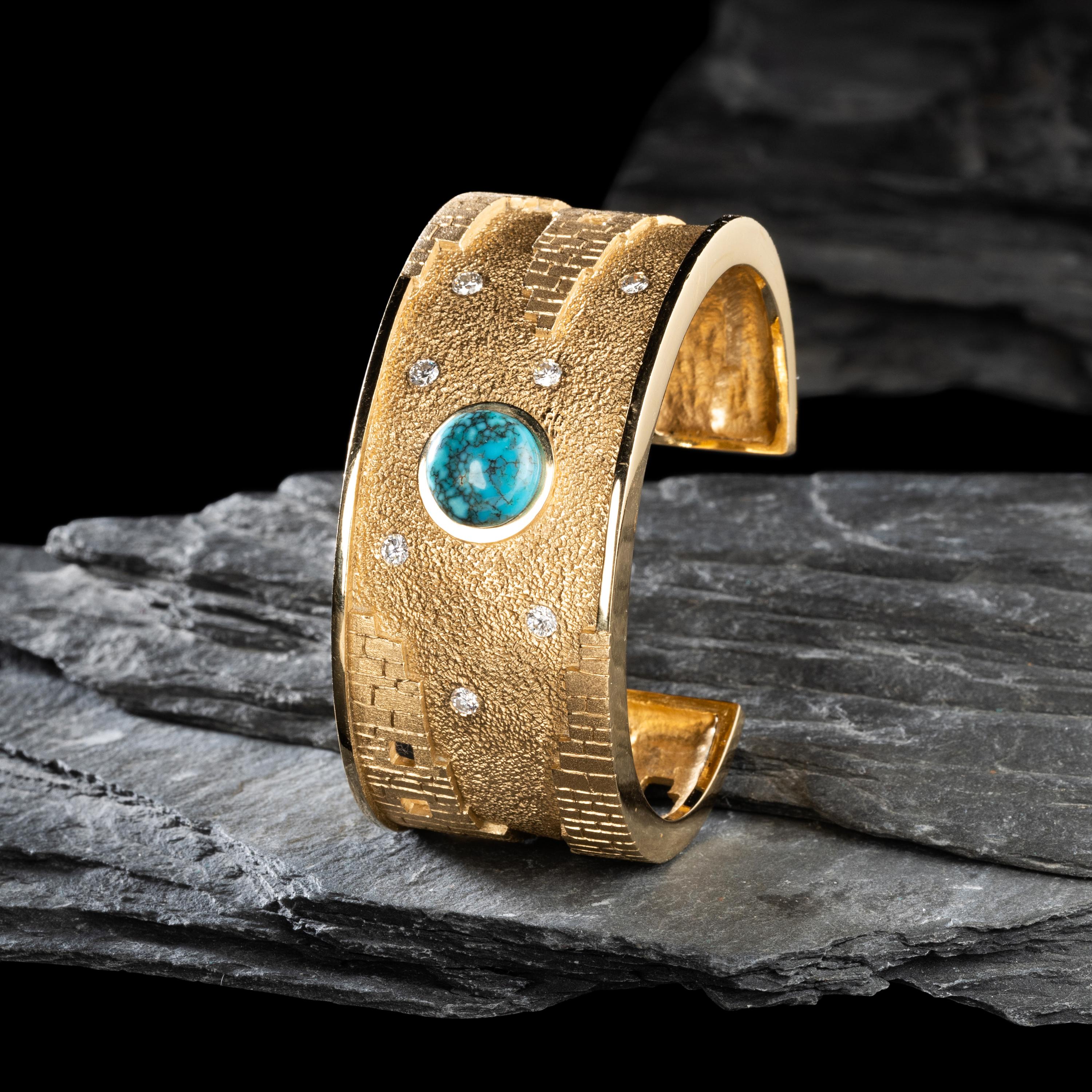 Don Supplee (Hopi, b. 1965) — 14K Gold, Turquoise, and Diamond Pueblo Cuff Bracelet