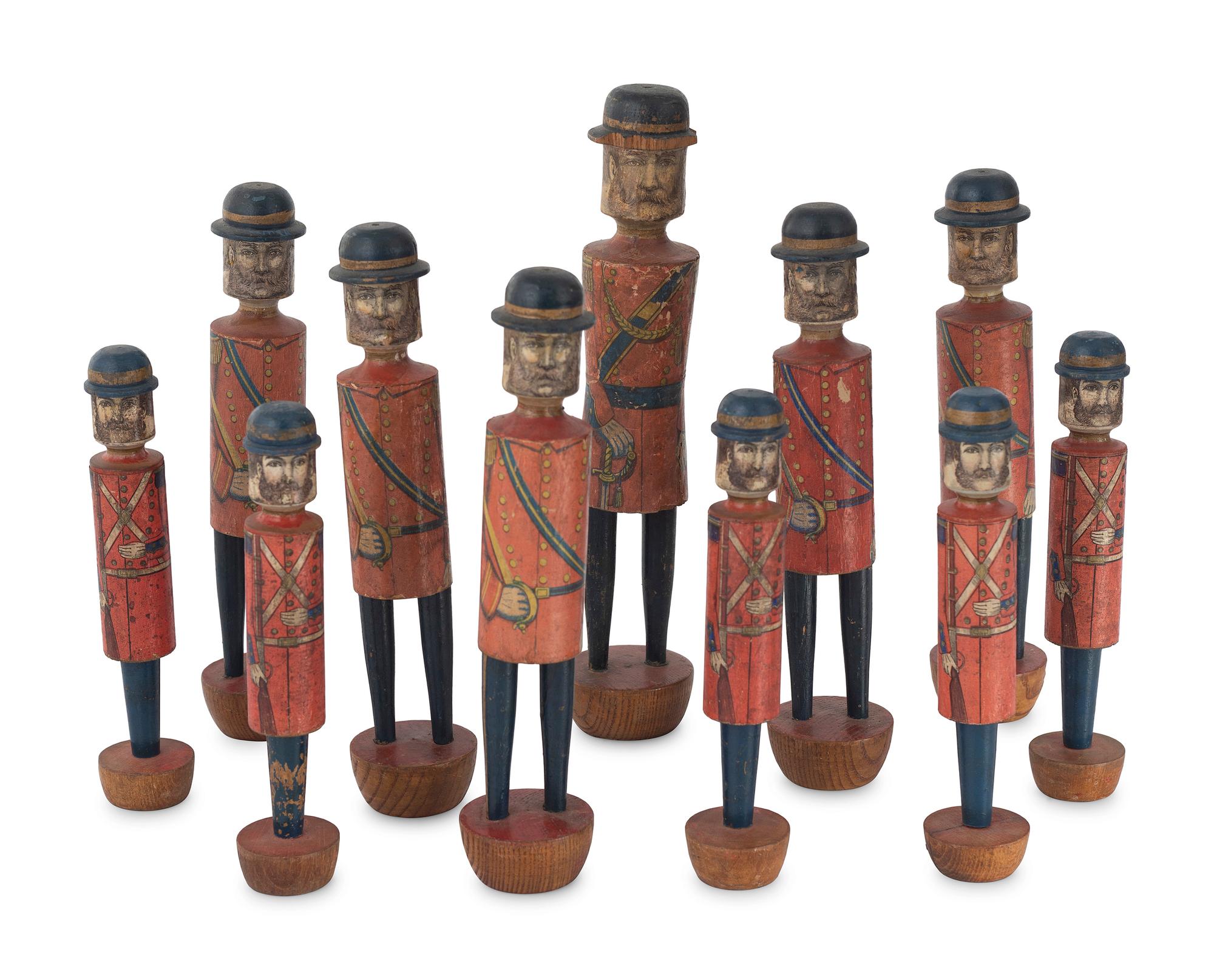 A Set of Painted Wood and Lithographed Military Ten-Pins