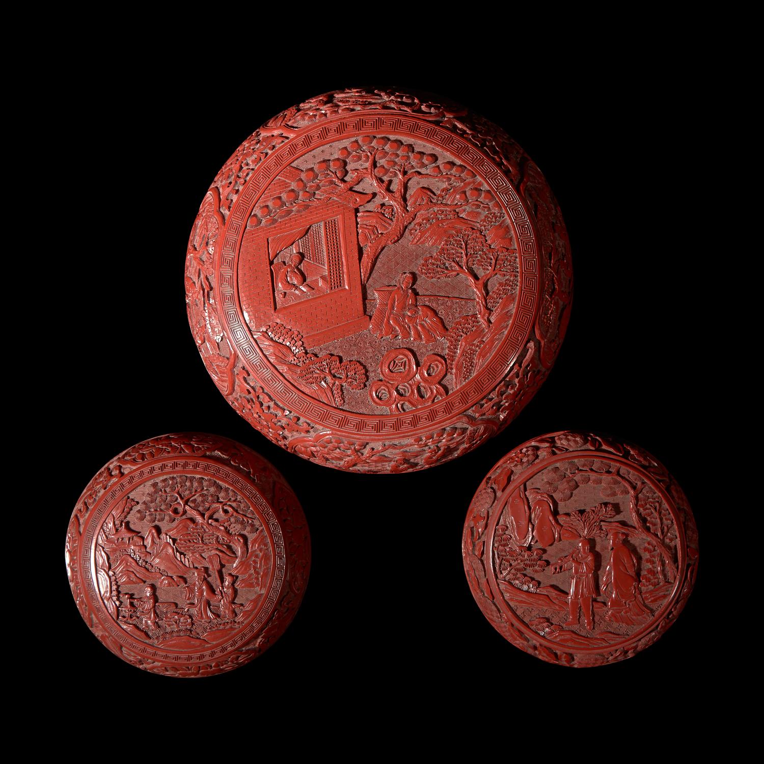 A Group of Three Chinese Cinnabar Lacquer Boxes, Late 19th/20th century 晚清民國 剔紅捧盒三件