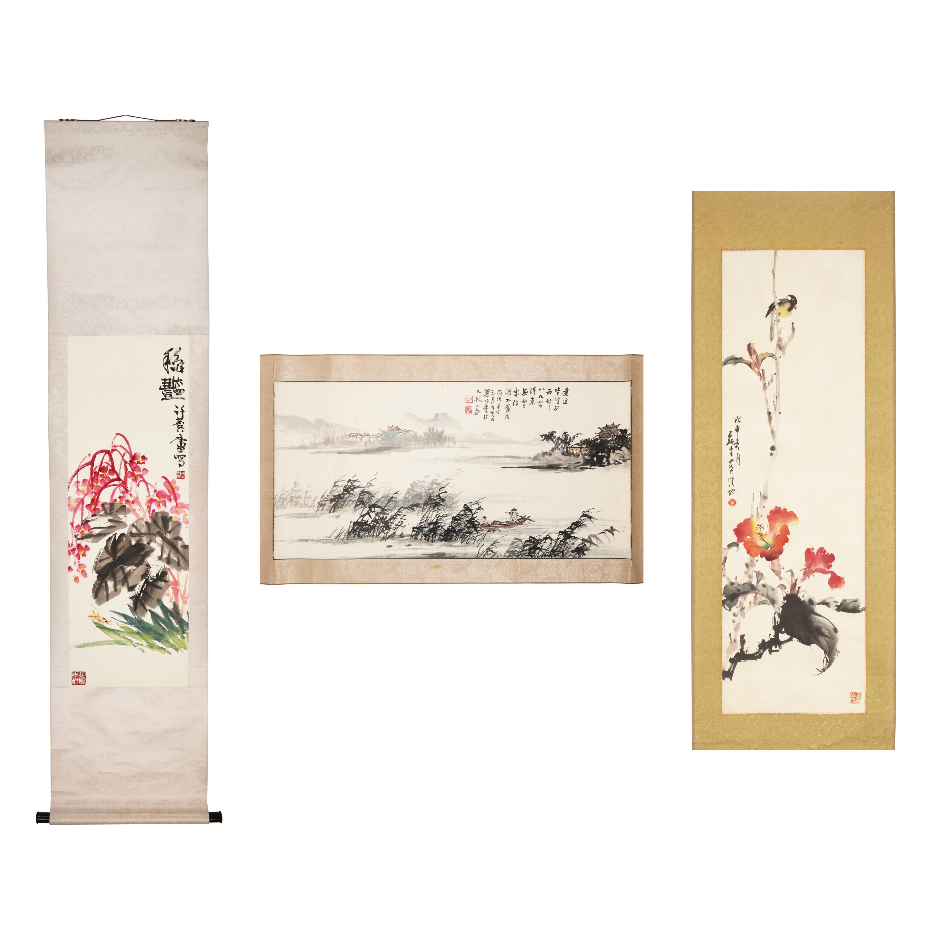 Three Chinese Ink and Color on Paper Paintings — 中國書畫一組三件