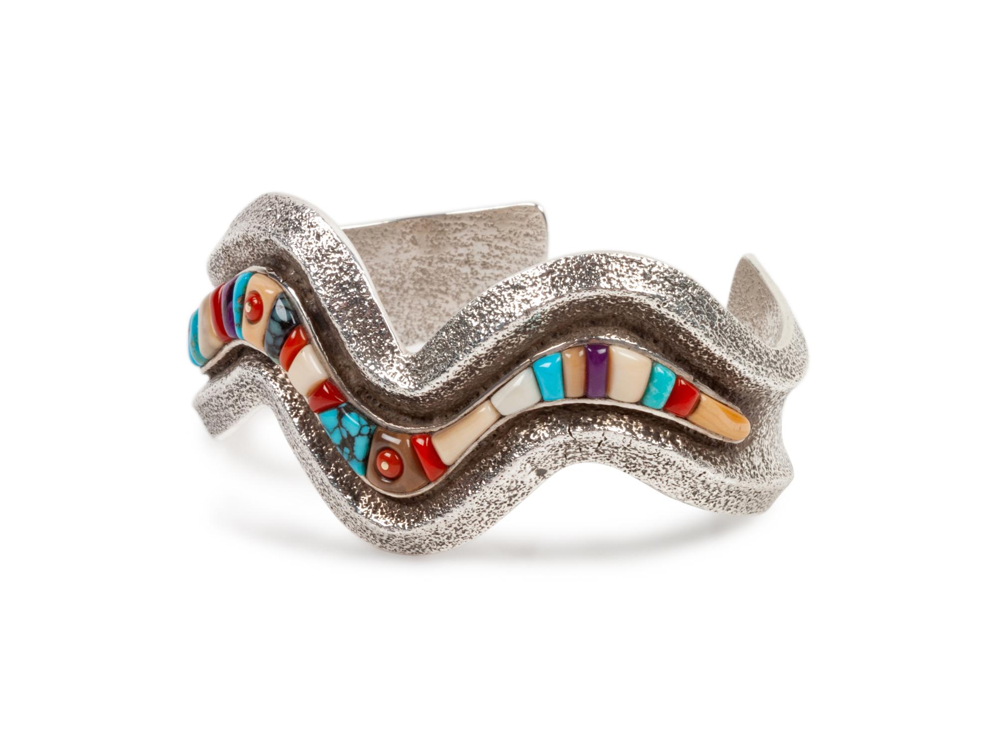 Tufa Cast Silver and Multi-Stone Chanel Inlay Cuff Bracelet