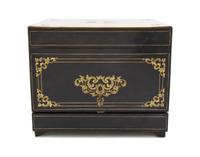 A Continental Ebonized and Brass Inlaid Cave a Liqueur, Height of case 10 3/8 x width 12 3/8 x depth 9 1/2 inches.