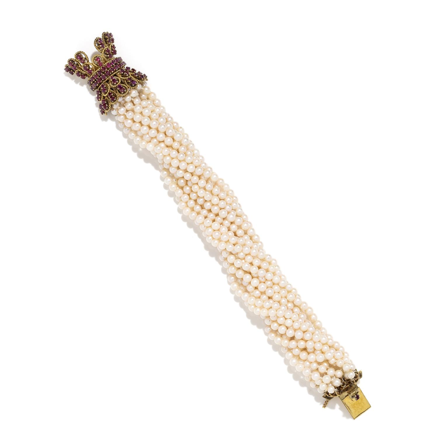 CULTURED PEARL, RUBY, AND YELLOW GOLD TORSADE BRACELET