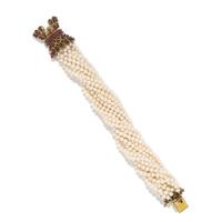 CULTURED PEARL, RUBY, AND YELLOW GOLD TORSADE BRACELET