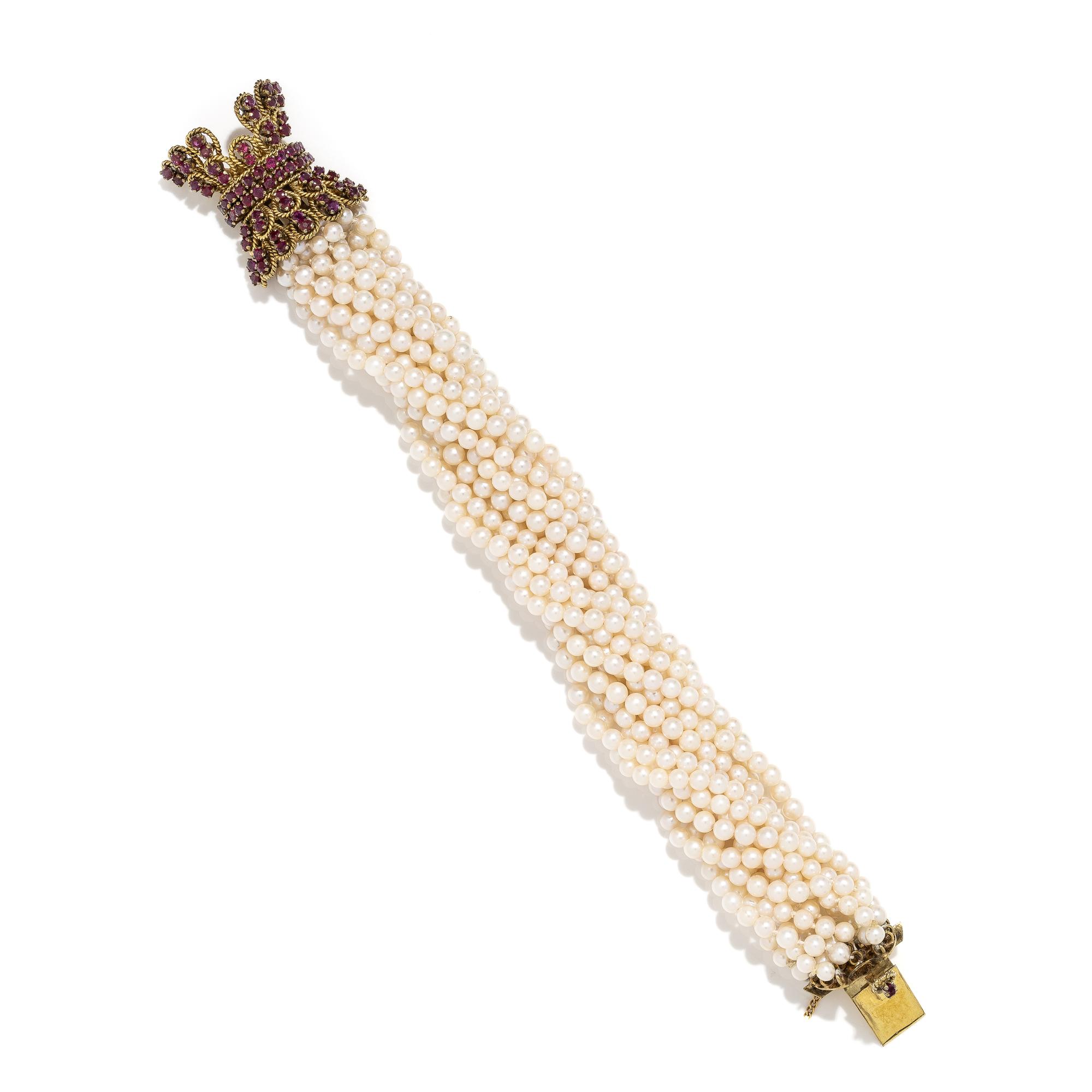 CULTURED PEARL, RUBY, AND YELLOW GOLD TORSADE BRACELET