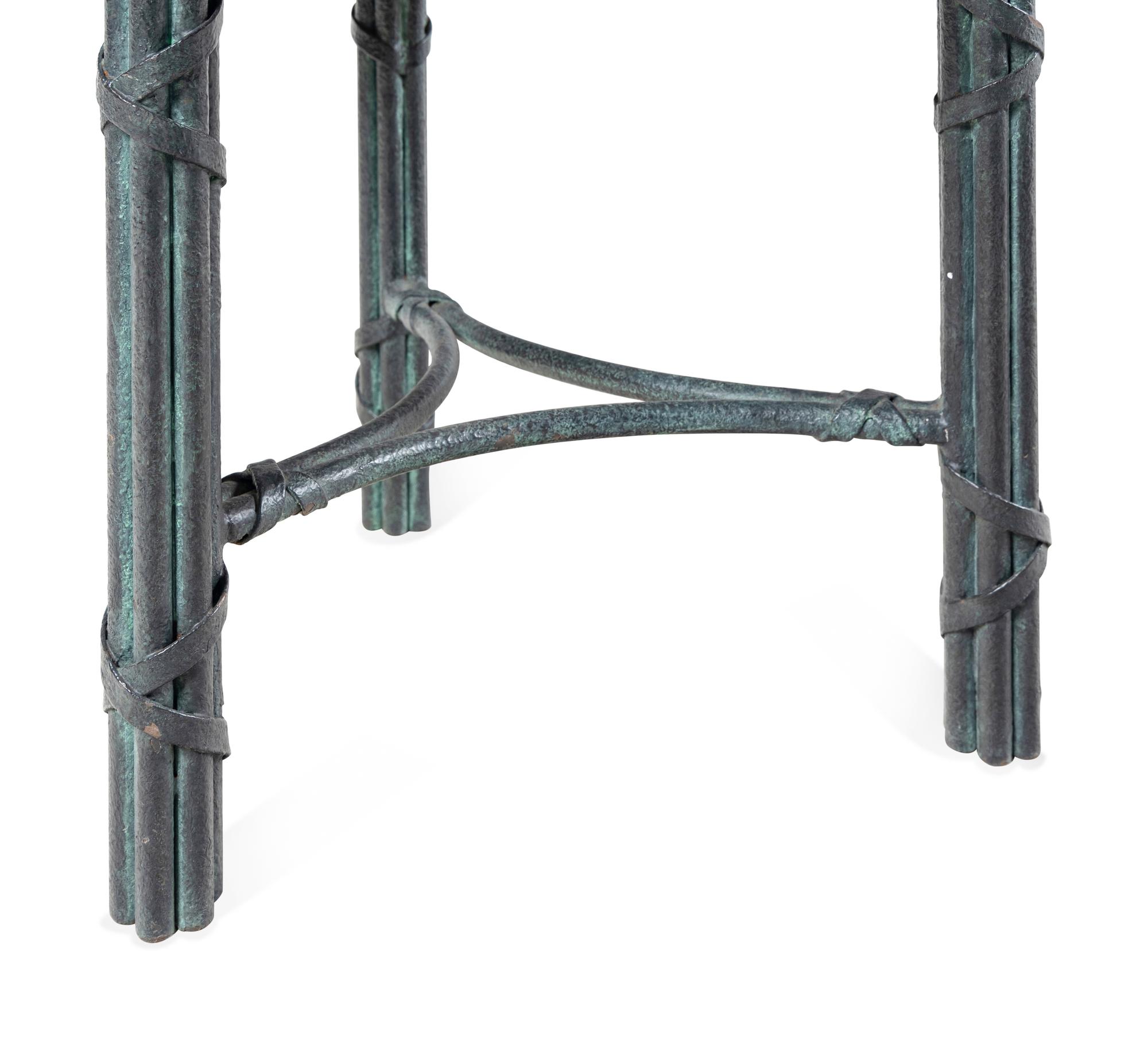 A Pair of Patinated Metal and Marble Side Tables