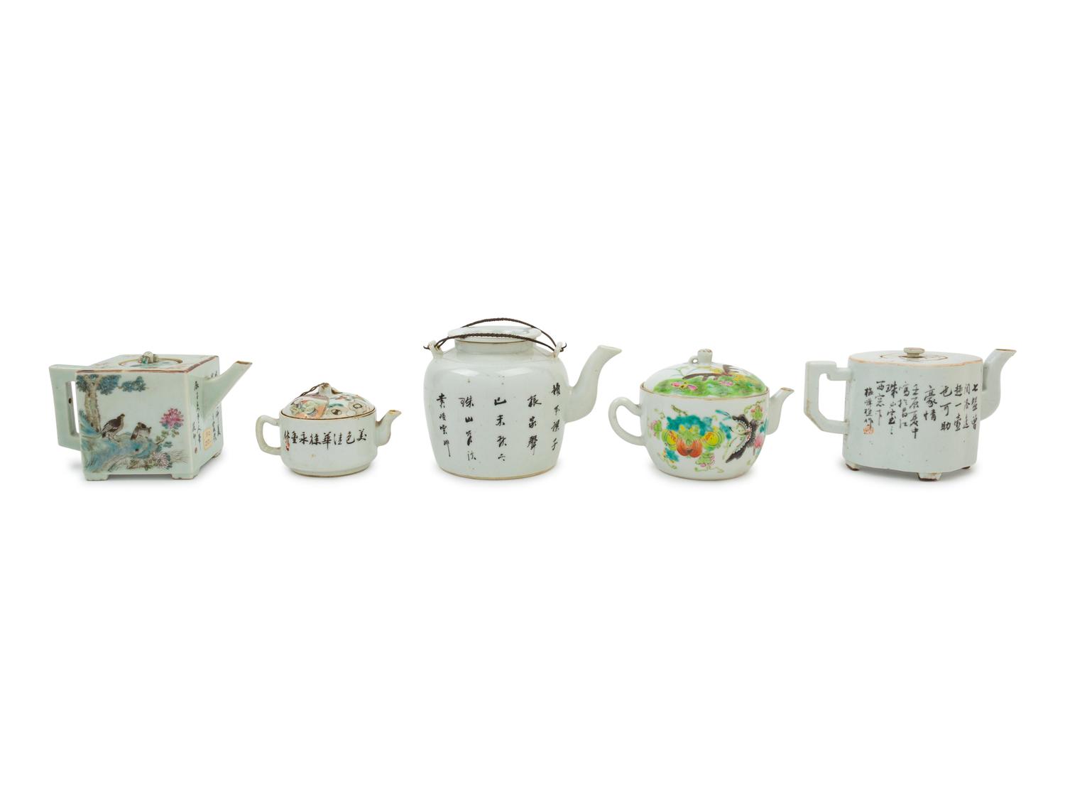 Five Chinese Famille Rose Porcelain Teapots
