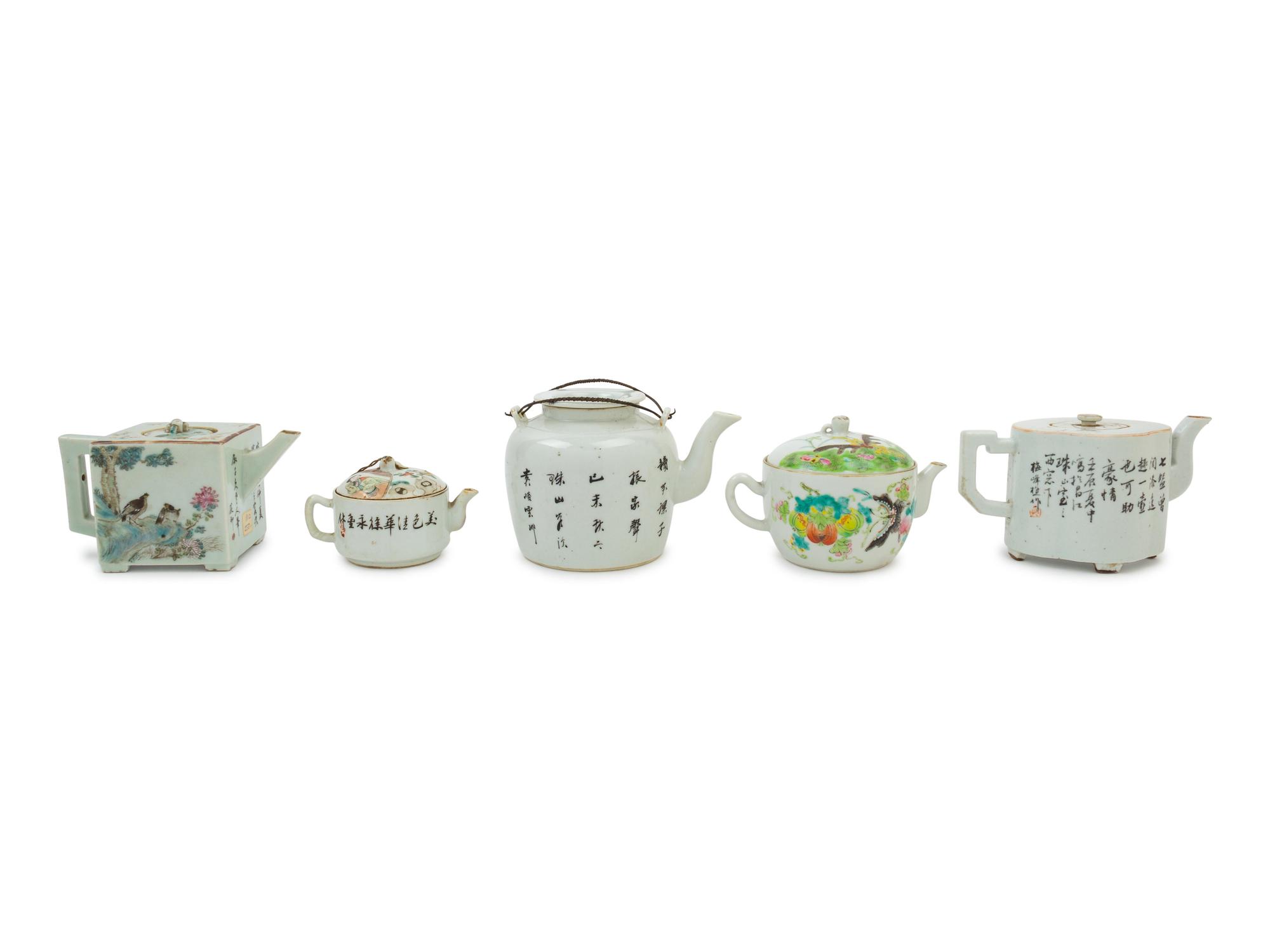 Five Chinese Famille Rose Porcelain Teapots