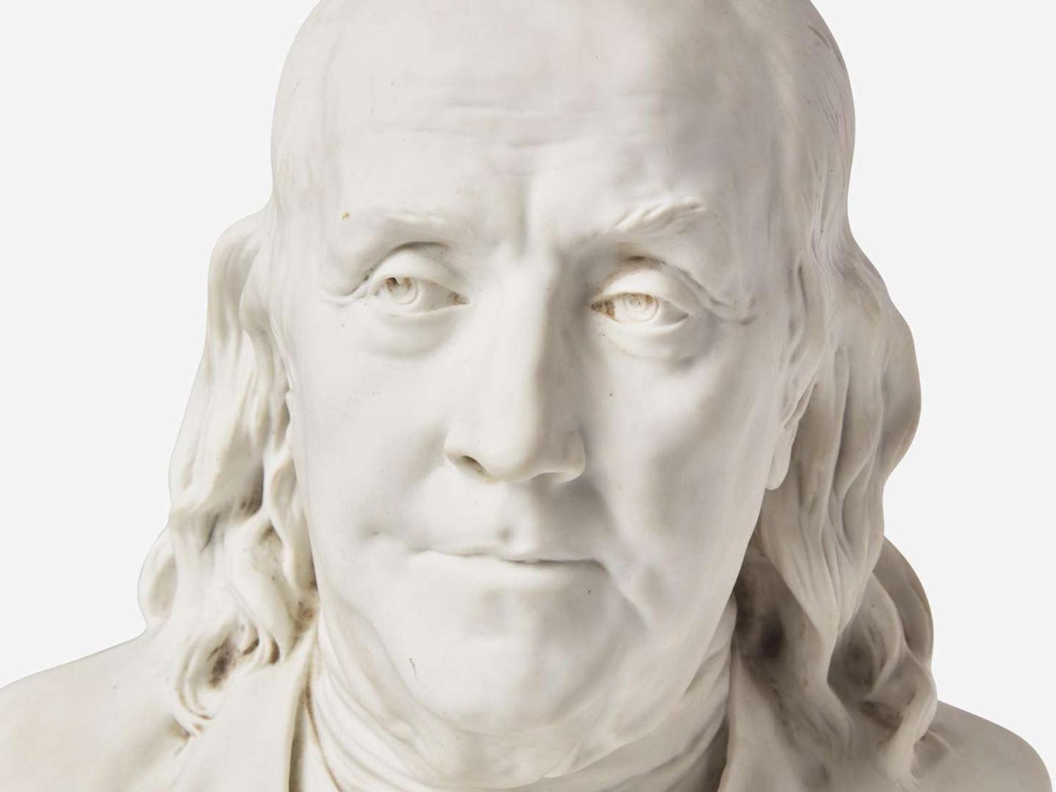 After Jean-Antoine Houdon (French, 1741-1828), Parian bust of Benjamin Franklin (1706-1790), marked Sevres, early 20th century