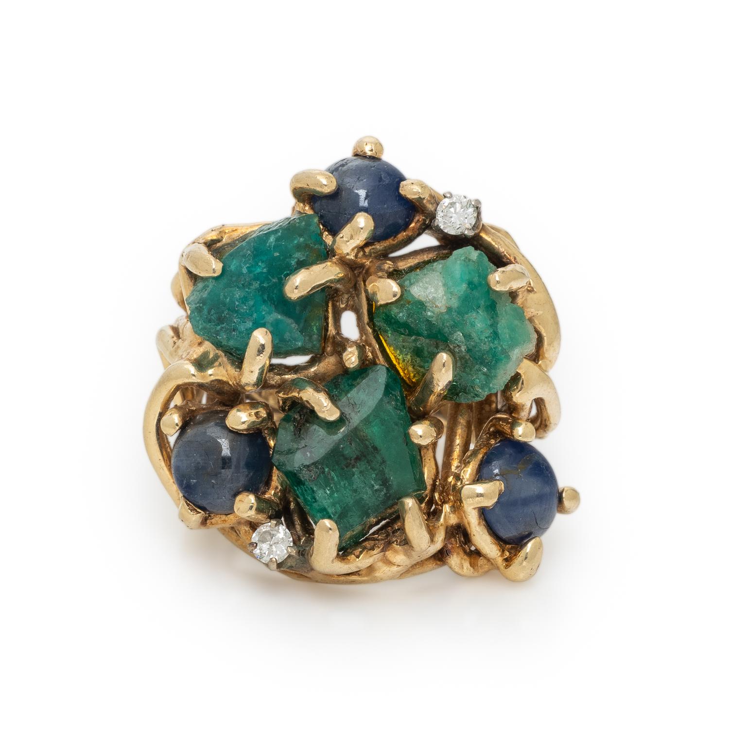 YELLOW GOLD, EMERALD, SAPPHIRE, AND DIAMOND RING