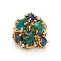 YELLOW GOLD, EMERALD, SAPPHIRE, AND DIAMOND RING