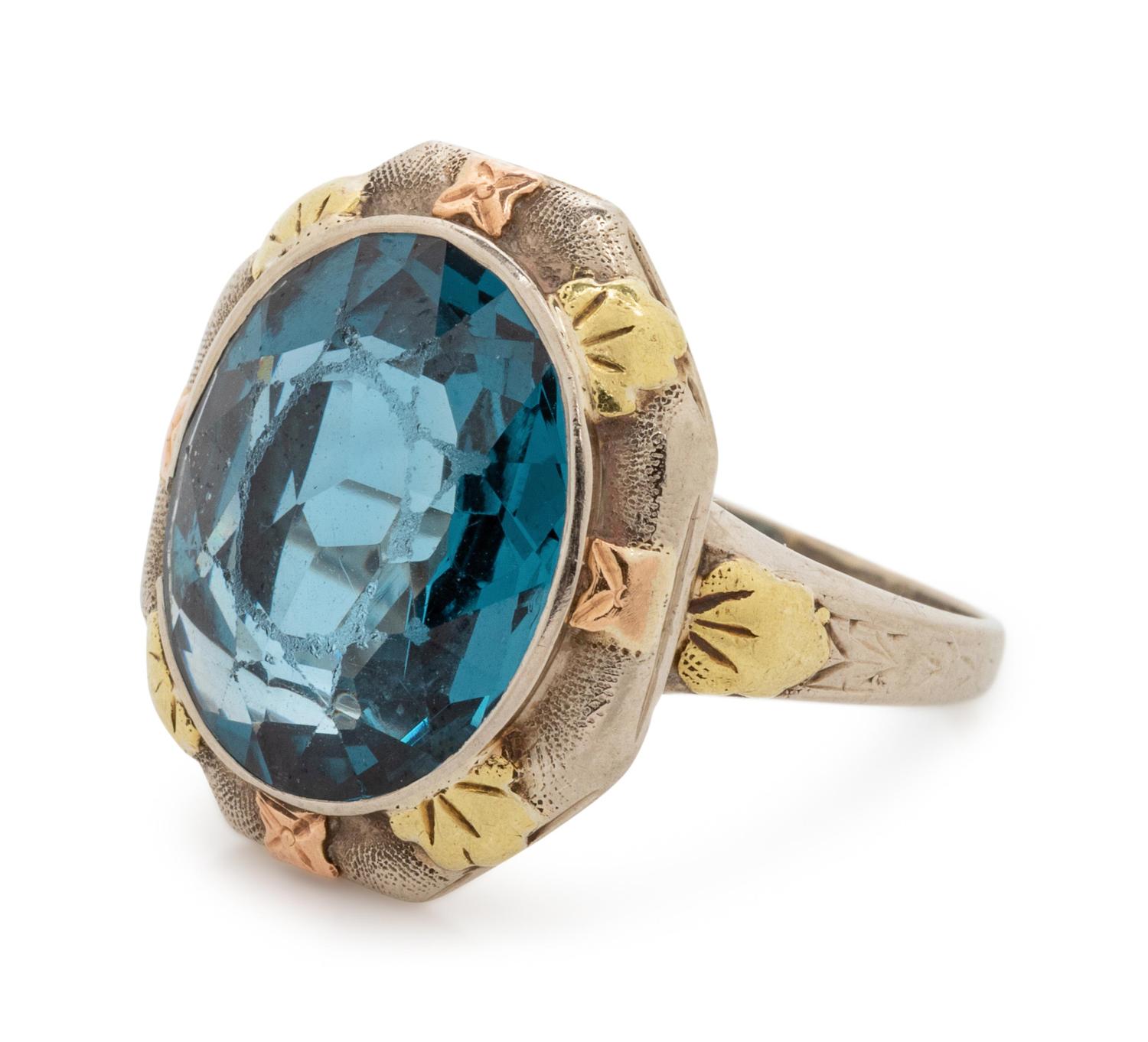 A 14 Karat Tricolor Gold and Synthetic Blue Spinel Ring, LaFrance,