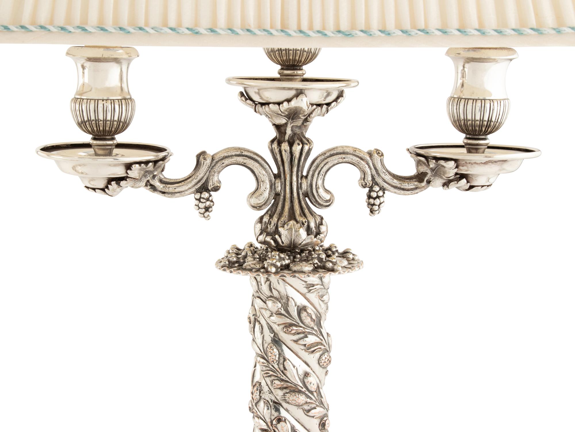 A Pair of American Silver-Plate Three-Light Candelabra Mounted as Lamps