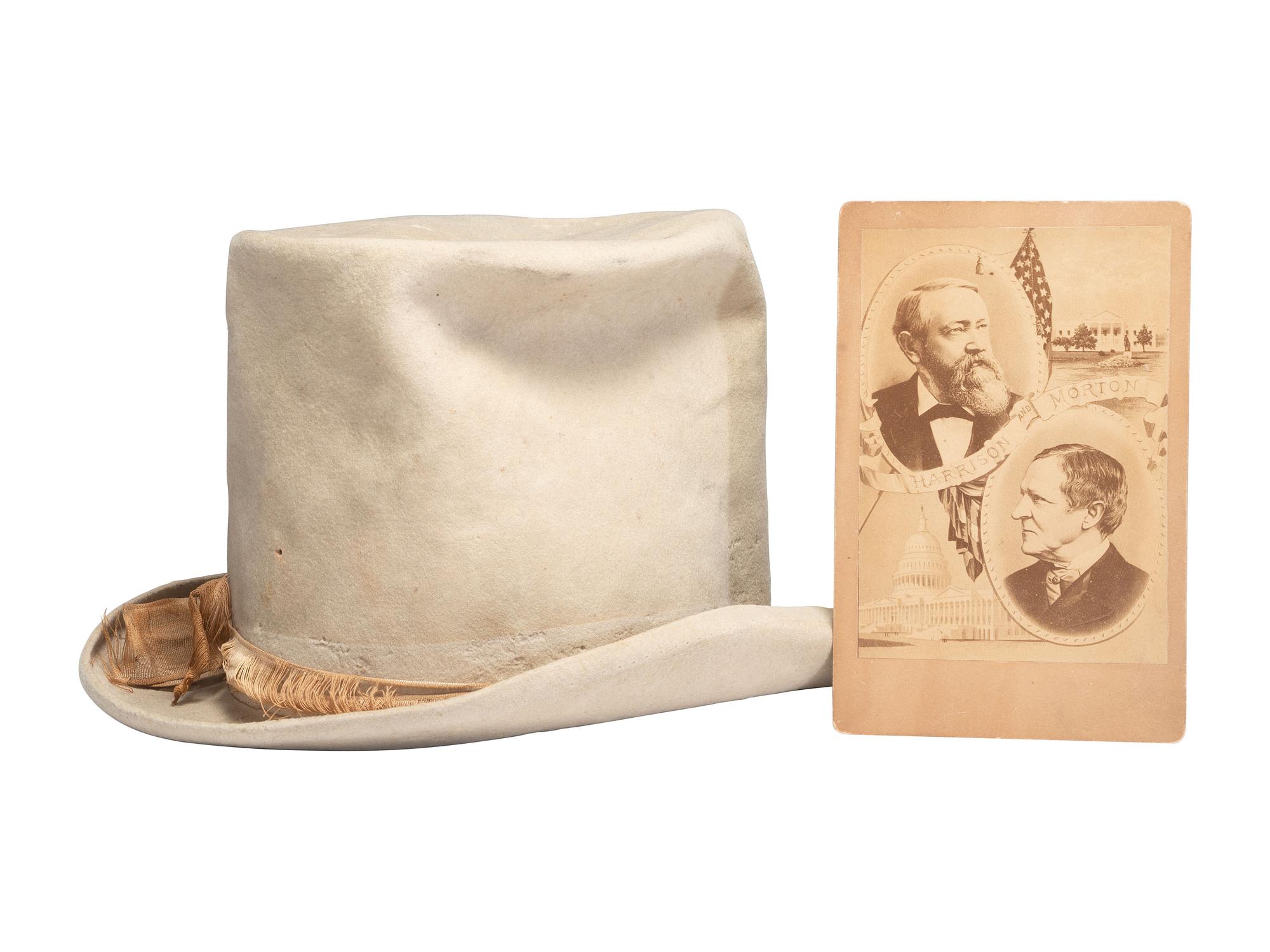 [POLITICS]. Benjamin Harrison 1888 election campaign hat and jugate cabinet card.